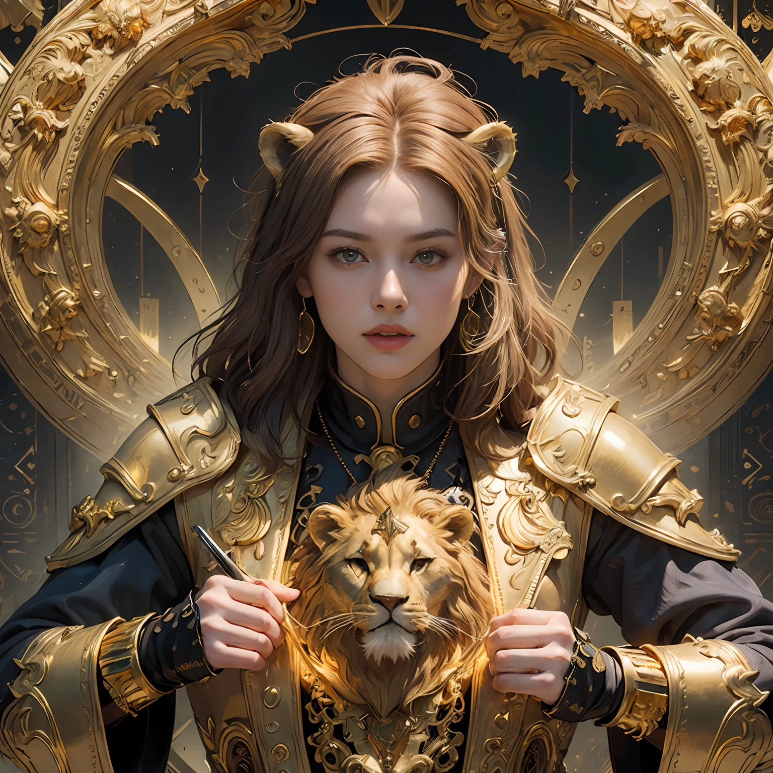 (Magic golden Leo diagram background:1.4), (An adult male,1.5), Wear gold,lion , surrealism,tmasterpiece,best qualtiy,realisticlying,Marvel movies,Detal Face,8K,hyper HD,insanely detailed and intricate, hypermaximalist, elegant, opulent, Ultra photo realsisim, Super detailed