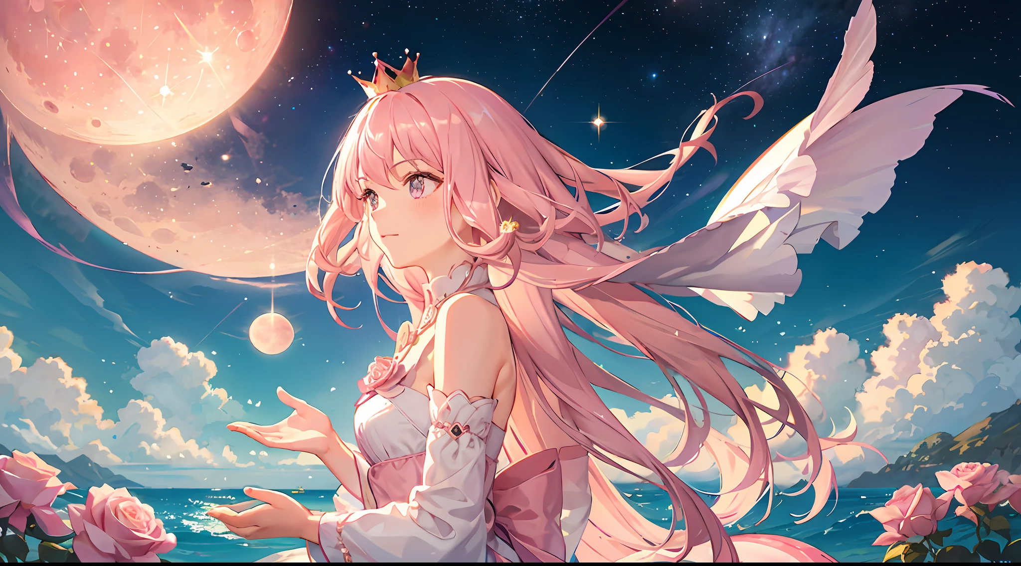 pink moon, pink sky, soft pink clouds, pink sea waves sparkling, shimmering, pink roses in pink sea, fantasy, diamonds, crown, space, soft light,