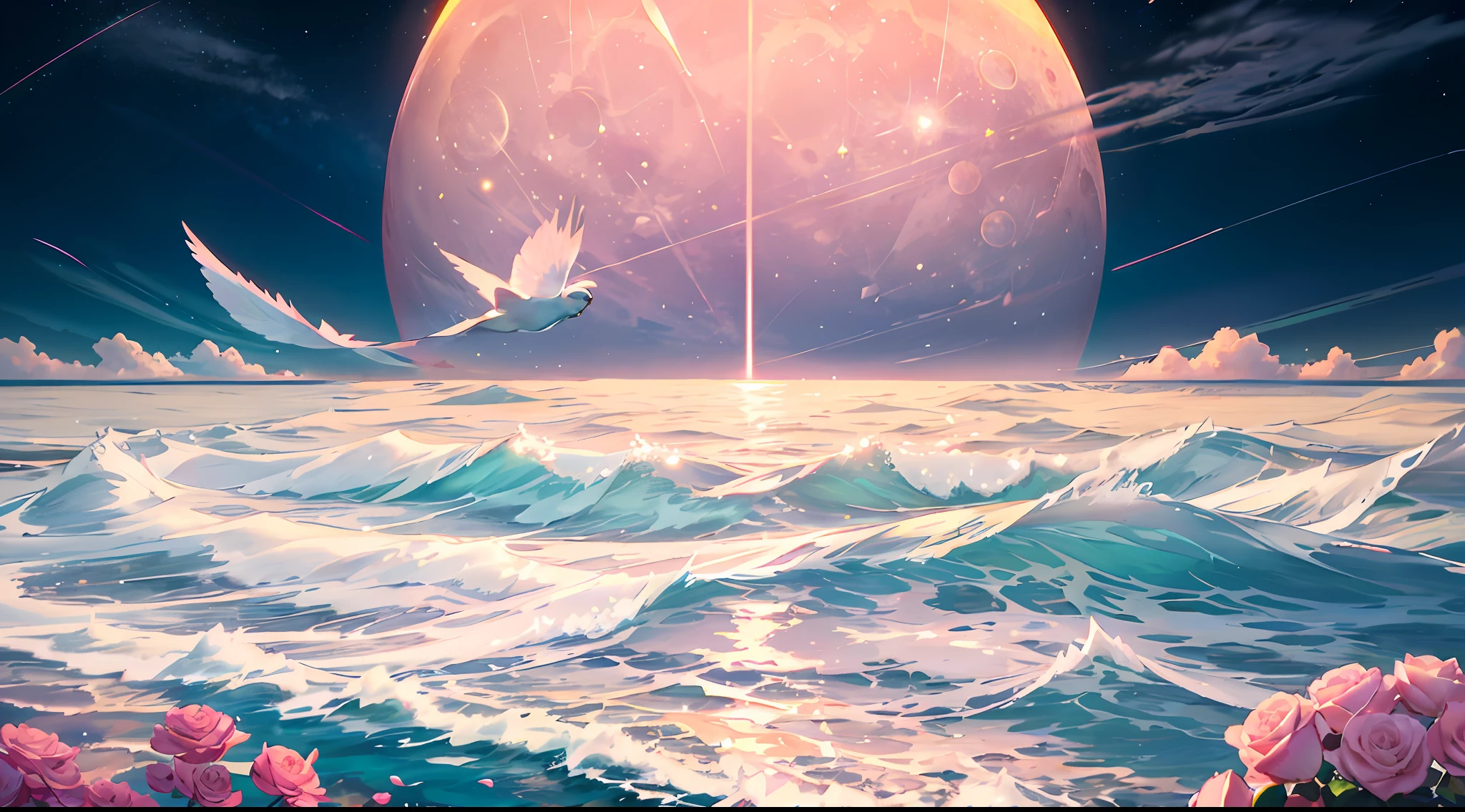 pink moon, pink sky, soft pink clouds, pink sea waves sparkling, shimmering, pink roses in pink sea, fantasy, diamonds, crown, space, soft light,