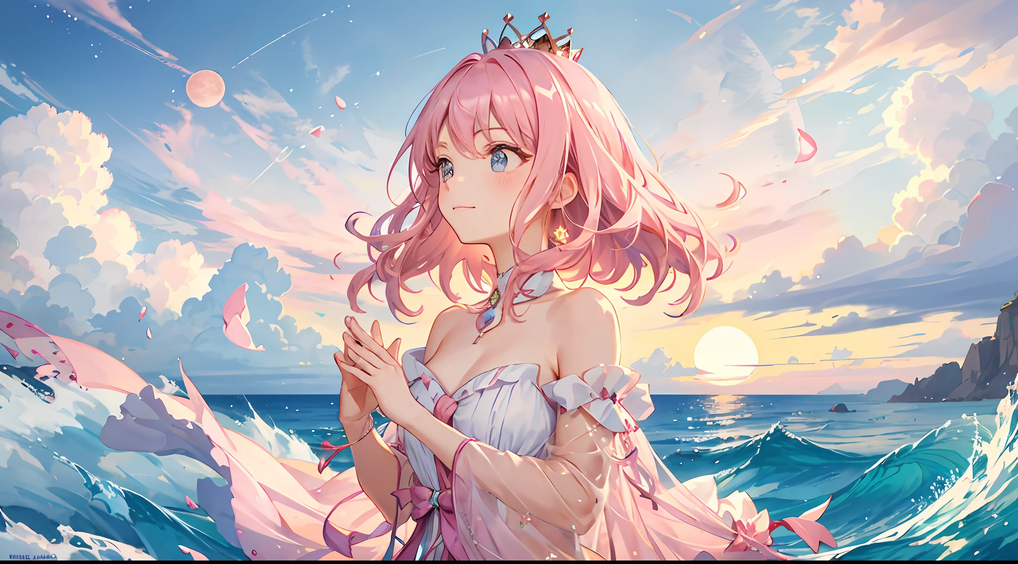 pink moon, pink sky, soft pink clouds, pink sea waves sparkling, shimmering, pink roses in pink sea, fantasy, diamonds, crown, space, soft light,