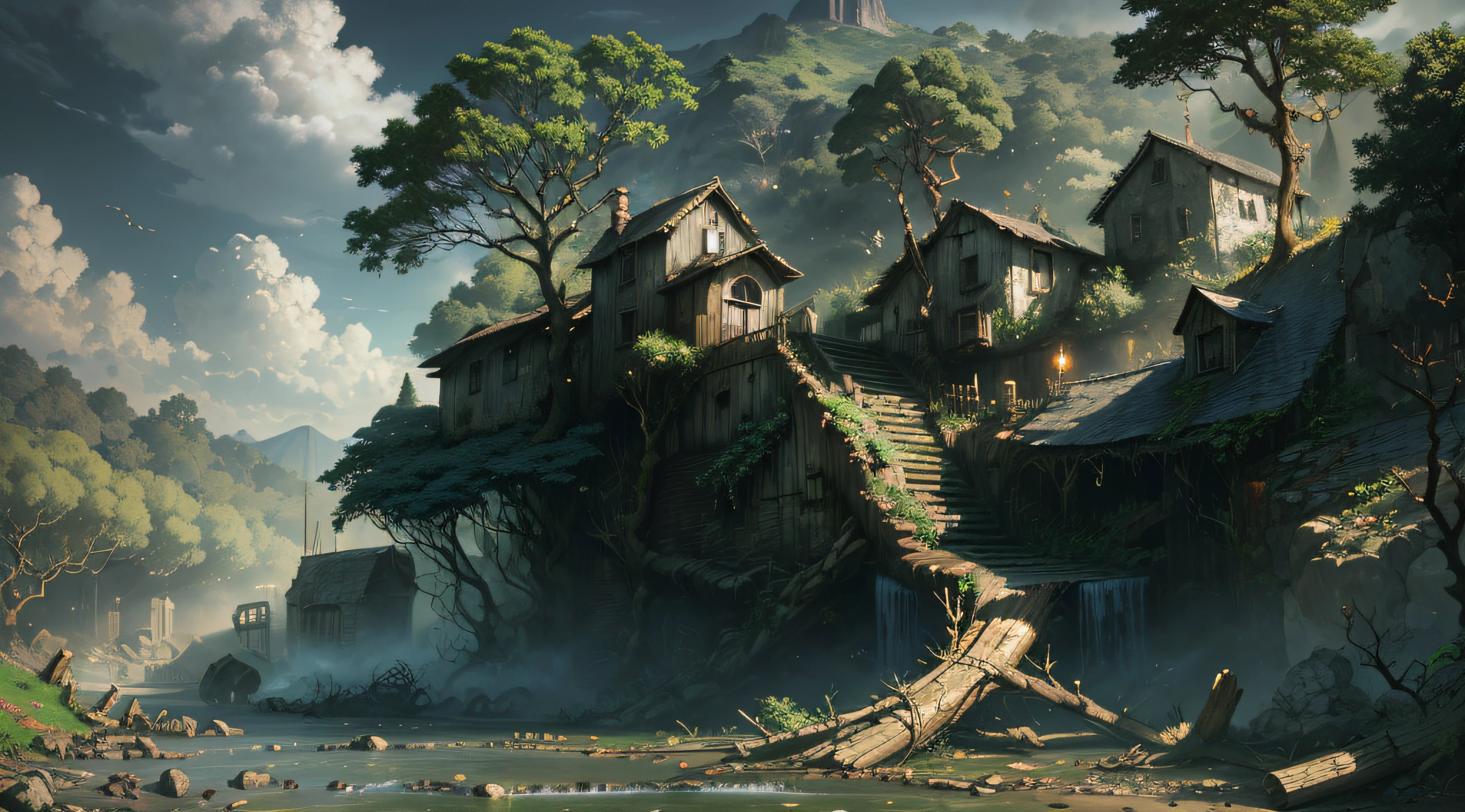 Gigantic colorful trees with many vines, palmeiras, coqueiro, fallen logs, a watermill with a waterwheel, moinho de vento, numa cachoeira exuberante, rio com grandes rochas hiper realista, sky with clouds, sol, lua, global ilumination, profundidade de campo,