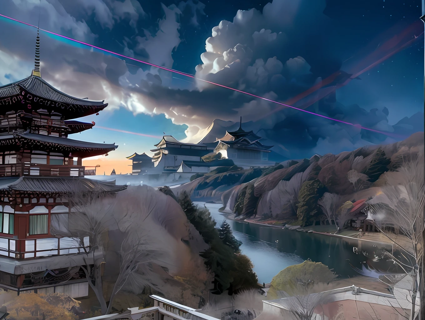 Masterpiece, best quality, high quality, extremely detailed CG unity 8k wallpaper, outdoor, sky, clouds, night, no humans, mountain, chinese style palace sits on the hillside, moonlight, cinemagraph, landscape, water, trees, dark sky, waterfall, cliff, nature, lake, river, cloudy sky, award winning photography, bokeh, depth of field, hdr, bloom, chromatic aberration, photorealistic, highly detailed, trending on artstation, trending on CGsociety, intricate, high detail, dramatic, halfway art