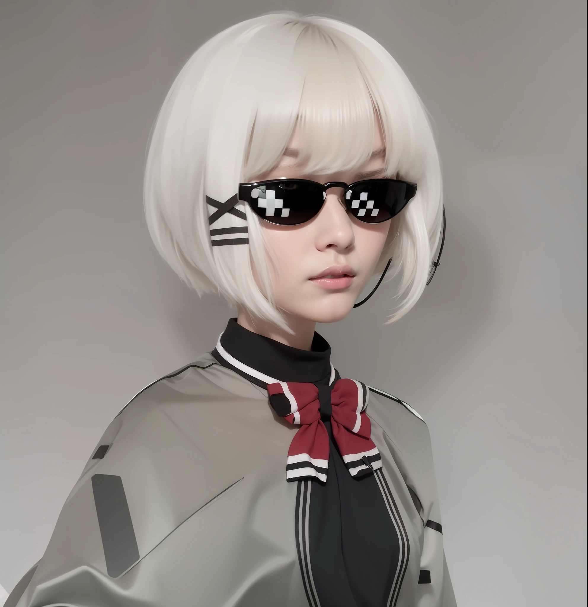 Girl short hair white color of Gray shirt with sunglasses