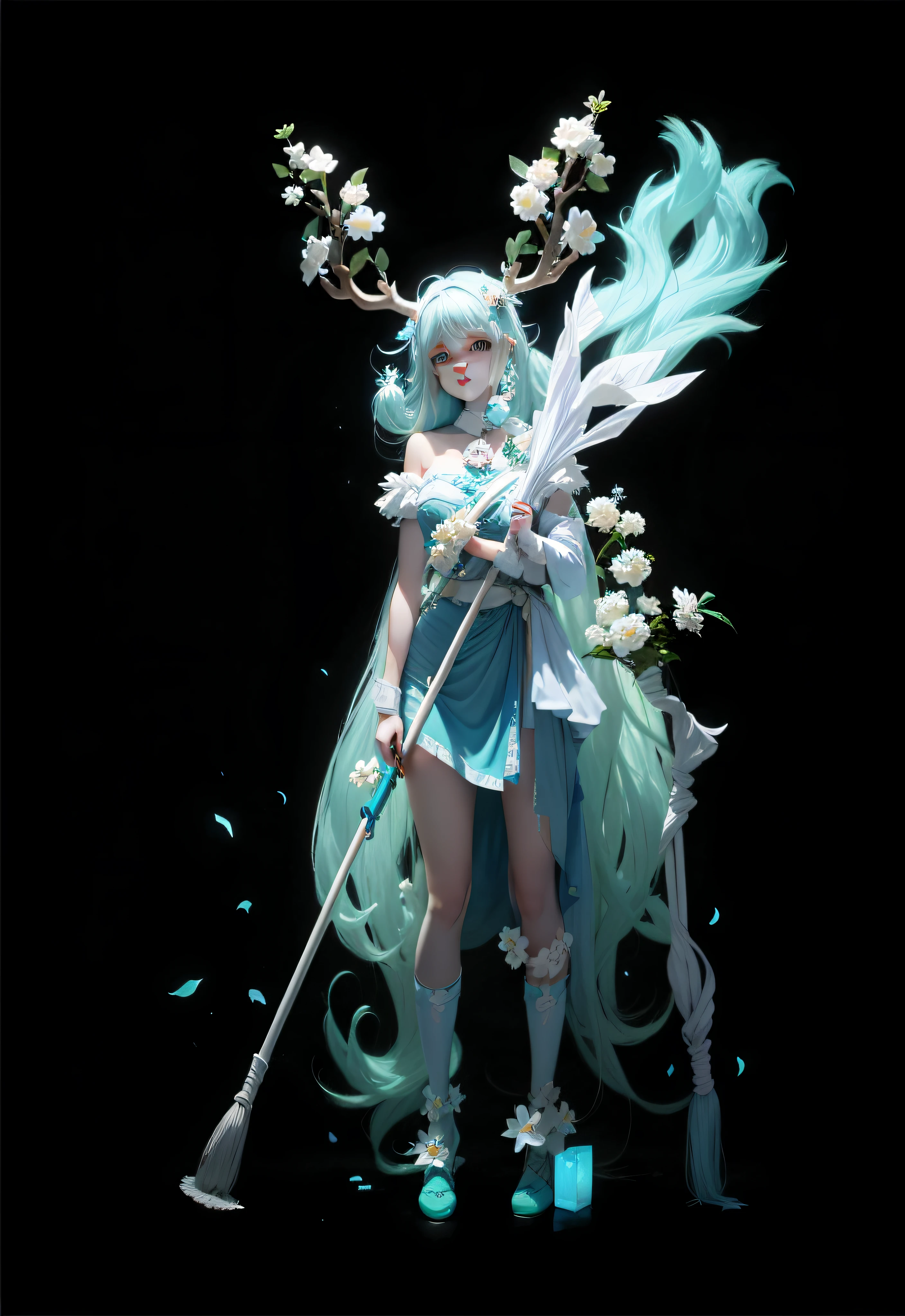 A girl who is shy to answer,A coquettish expression,Ice blue antlers,White flowers,Green hair,The flowers wrap around the chest,Mop long hair,Disney style,pastel colour,divine cinematic edge lighting,Natural lightrealistic lighting and shading,Ray traching,best qualtiy,super detailing --auto