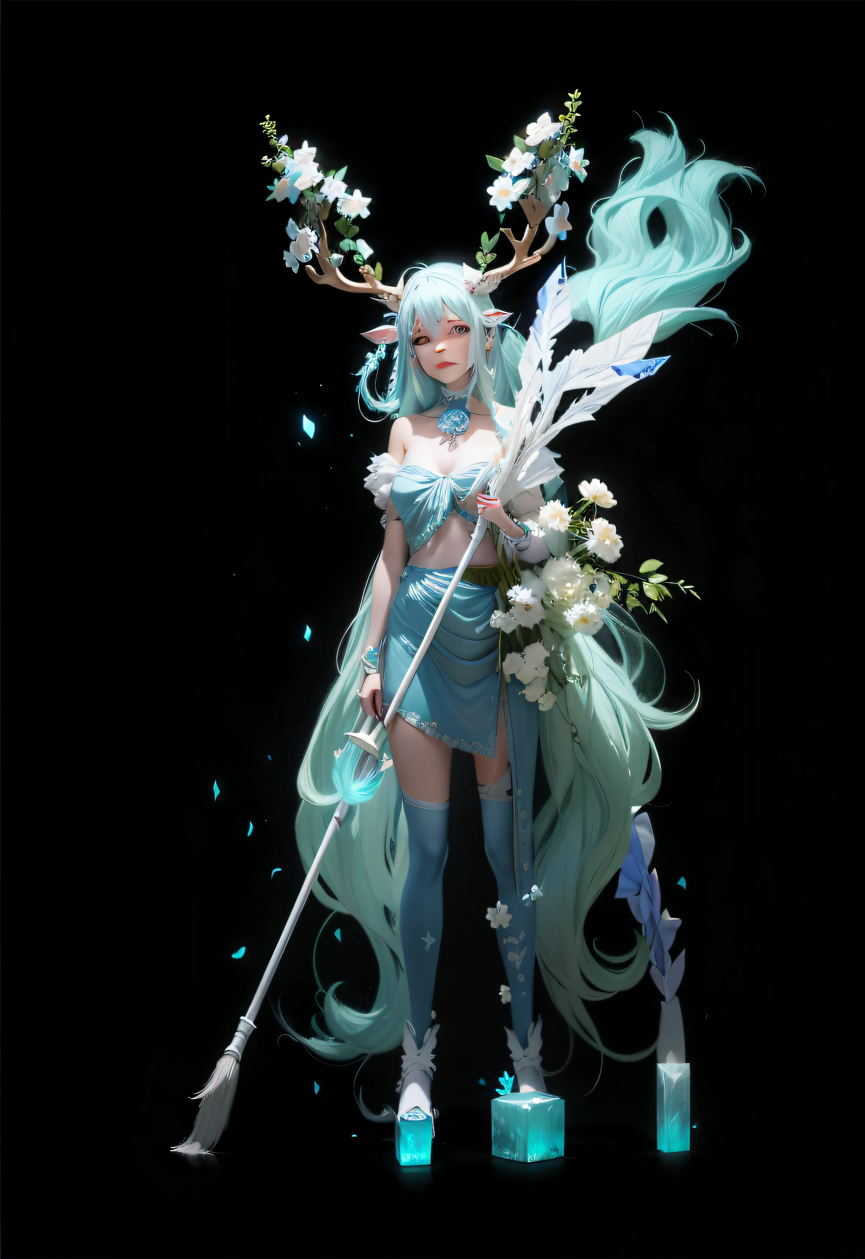 The girl who answered shyly，A coquettish expression，Ice blue antlers，White flowers，Green hair，Flowers wrap around the chest，Half man, half deer，Proportional mop for long hair，Disney  style，pastel colour，divine cinematic edge lighting，Natural lightrealistic lighting and shading，Ray traching，best qualtiy，super detailing --auto