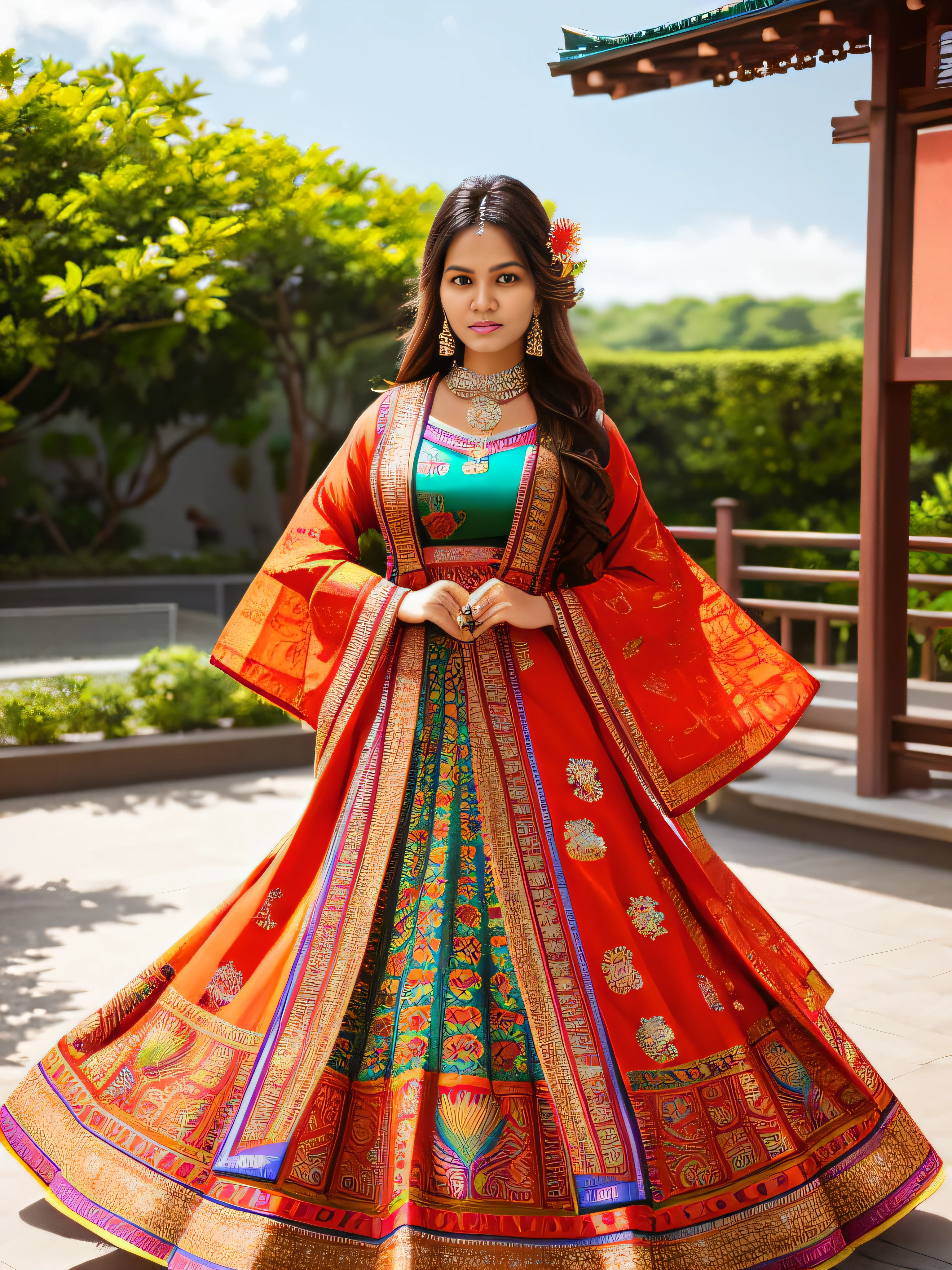 full-length photo Of A Beautiful Woman, Indian - Japanese Mixed Clothing, Vibrant, Depth of field, In Beautiful Dress, (( Natural Light)), (( Sunny Day )),(( Beautiful Clear Brown Eyes )), long Brown Hair, (( Unique Hair Ornament )), In Centre, (( Photorealistic )), DSLR, Highly Detailed, 4k, Extreme Details, Realistic, (( Wide Shot )), full-length photo, full-body shot, Unique Design Patterns, Indian Design Pattern, Floral Pattern Indian Style, (( colorful ))