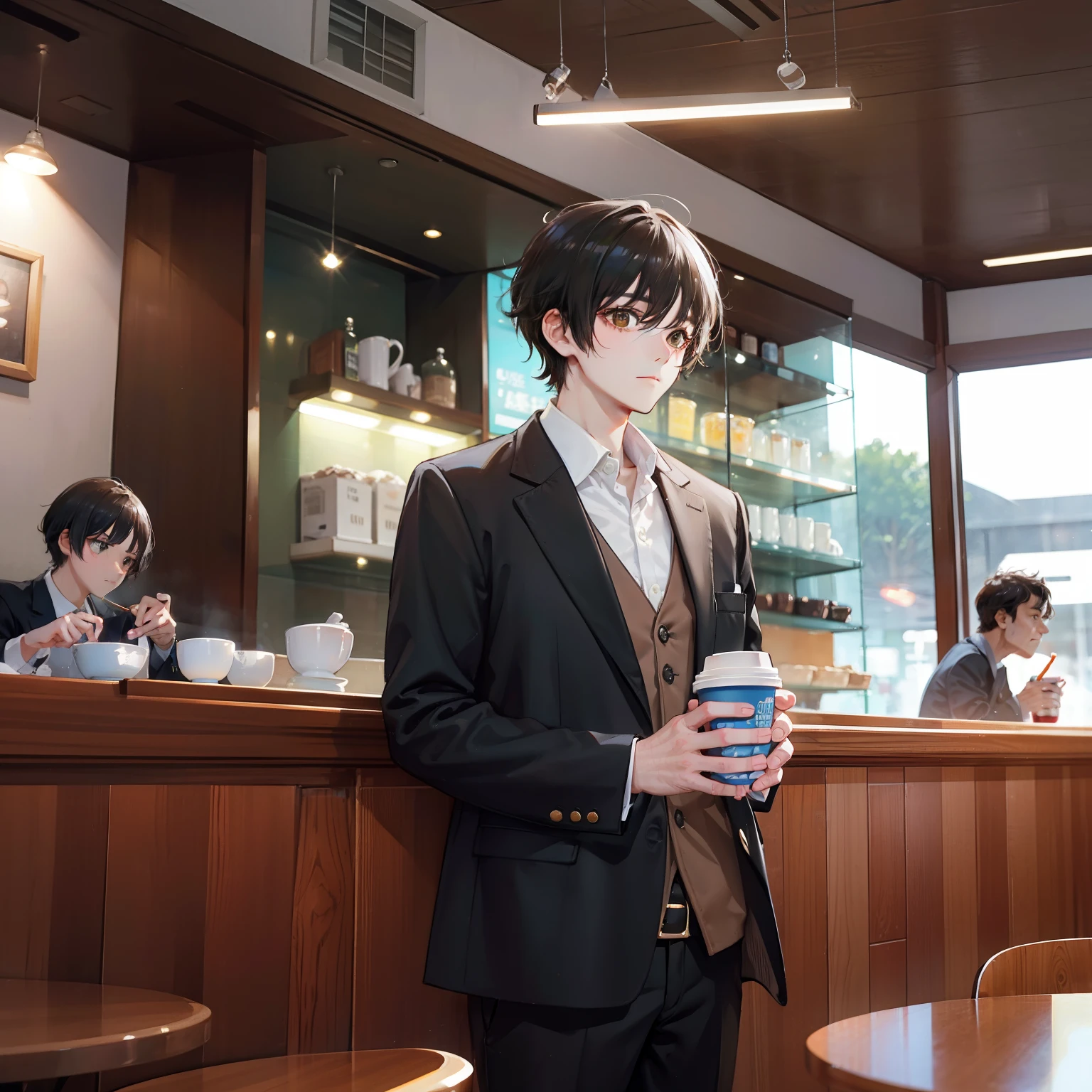 A boy，50yearsold，Three and seven points of short black hair，Brown eyes，dressed in a suit，Drink coffee at a coffee shop，Disappointed stood up and spoke