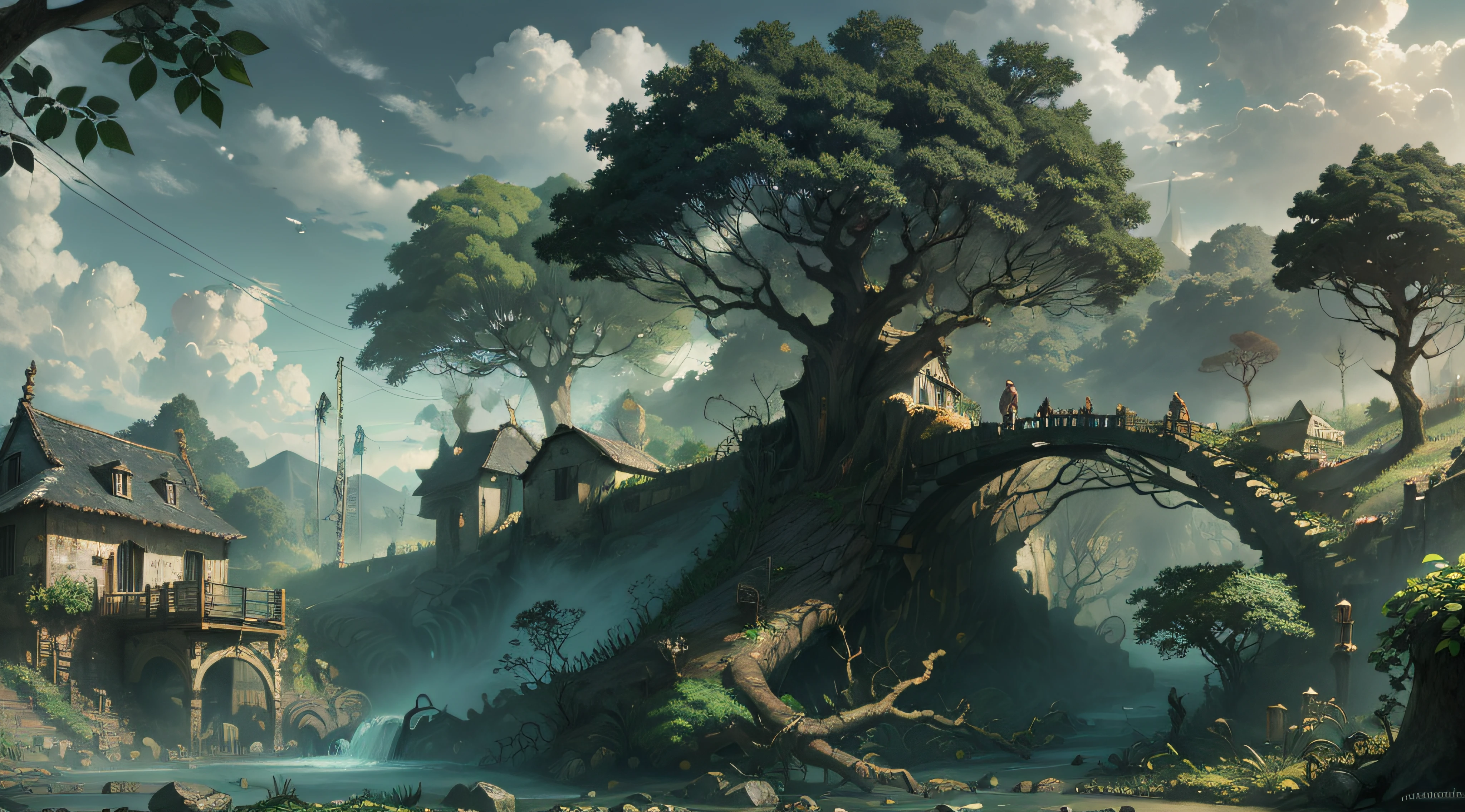 Gigantic colorful trees with many vines, palmeiras, coqueiro, fallen logs, a watermill with a waterwheel, moinho de vento, numa cachoeira exuberante, rio com grandes rochas hiper realista, sky with clouds, sol, lua, global ilumination, profundidade de campo,