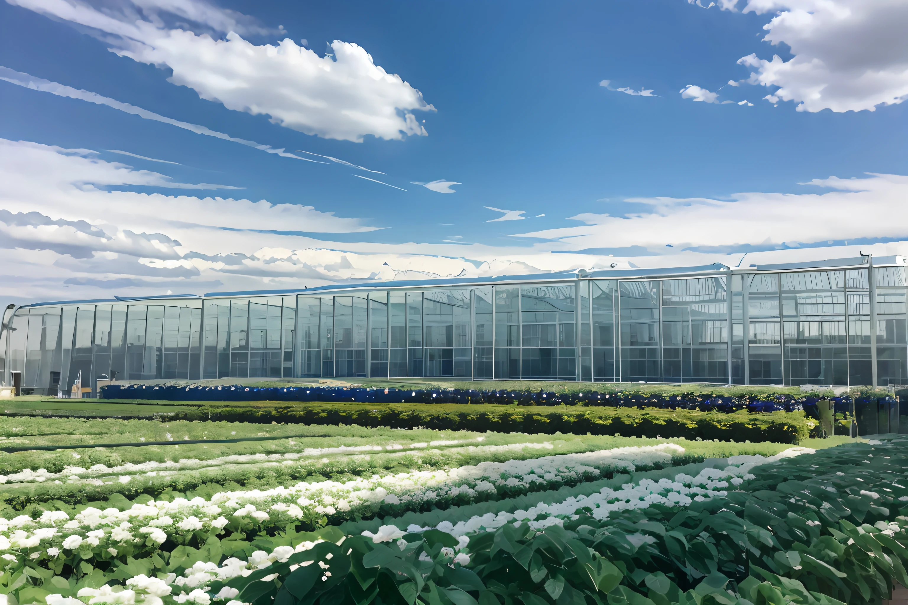 AI greenhouse ,Grandiose spectacle, Scenes, Live photos, 8K, Kodak, shutter inventory, Blue sky and white clouds, Floriculture