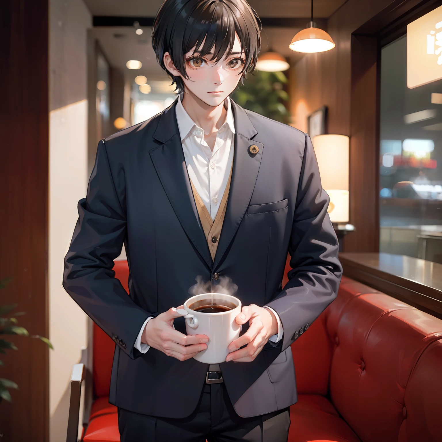 A boy,50yearsold,Three and seven points of short black hair,Brown eyes,dressed in a suit,Drink coffee at a coffee shop,Disappointed stood up and spoke