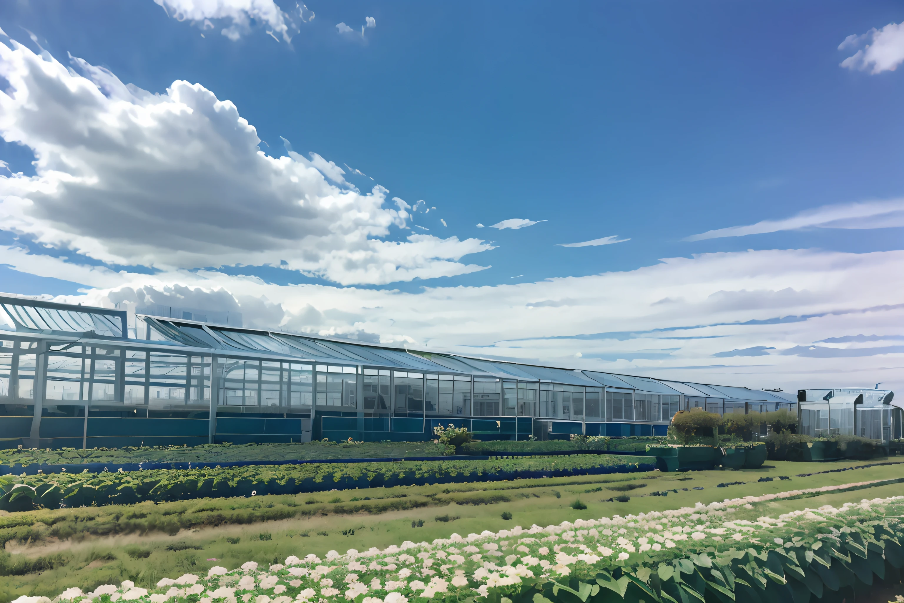 AI greenhouse ,Grandiose spectacle, Scenes, Live photos, 8K, Kodak, shutter inventory, Blue sky and white clouds, Floriculture