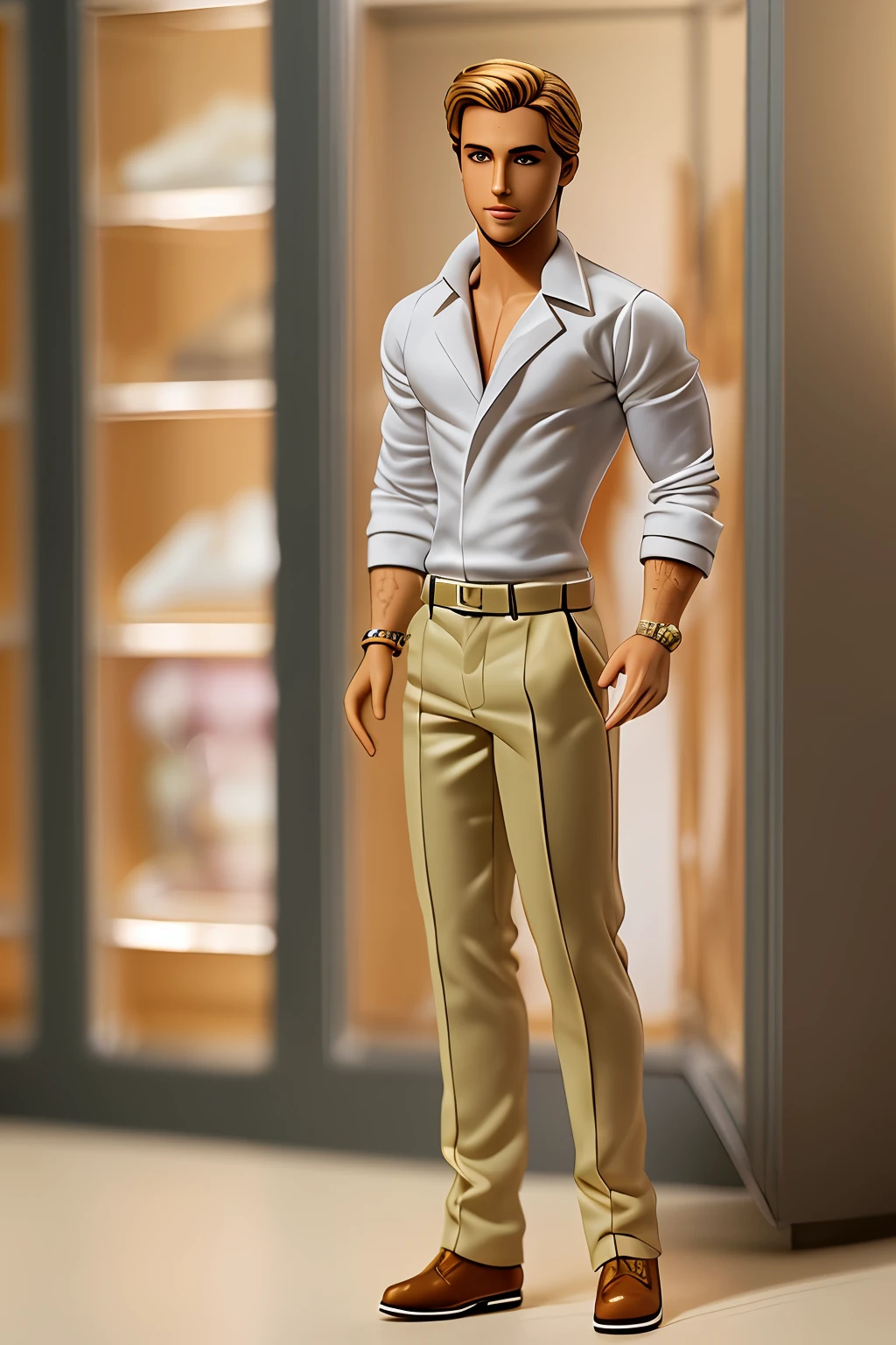 Ken's partner of Barbie, con parecido a Ryan Gosling, Doll to play, vestido al estilo clavin Klein, with Caucasian features, rubio, pelo corto