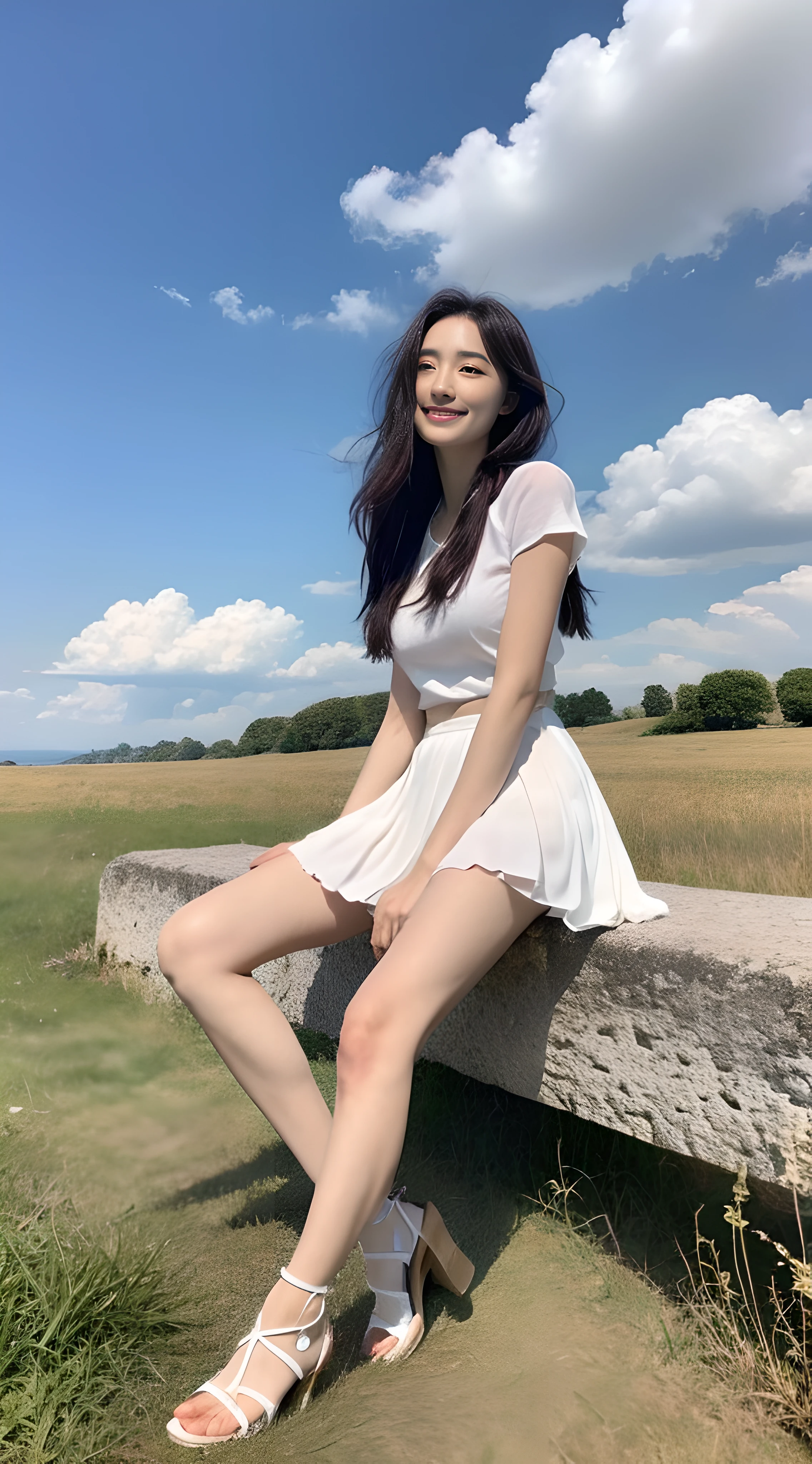 A nice and cute girl,Full body photo,Extremely beautiful and delicate,Black color hair,A sweet smile,Delicate and beautiful fair skin,Realistic and realistic,exquisite and complete facial features,Detailed depiction of the face,tall nose bridge,Smooth hair,extremely detail hair,Feminine temperament,Fill your face light,Tall and tall,Thin,sandals,Realiy,Hyper-realism,full body shot shot,Forward tilt angle,Extreme picture quality,Highest precision,Precise and perfect human anatomy。with blue sky and white clouds,Sitting on the Steppe,with blue sky and white clouds,rays of sunshine,cattle and sheep,(White chiffon skirt)Panties are clearly visible. telephoto shot,Express the landscape,Highlight portrait。