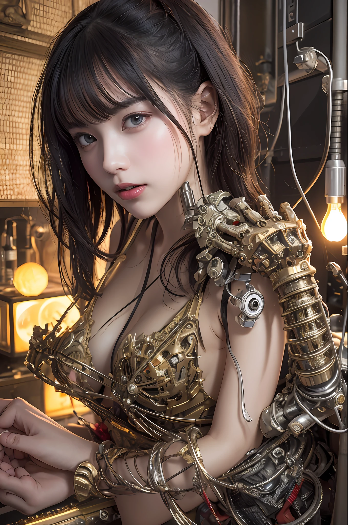 top-quality、​masterpiece、超A high resolution、(Photorealsitic:1.4)、Raw photo、女の子1人、Black hair、glowy skin、1 Mechanical Girl、((super realistic details))、portlate、globalillumination、Shadow、octan render、8K、ultrasharp、character edge light,Colossal tits、Raw skin is exposed in cleavage、metals、Details of complex ornaments、Steampunk details、vacuum tubes、Nixie Kan、Oil pressure gauge、Glass Kan、Analog Meter、gear wheel、gear、Golden hydraulic cylinder、highly intricate detail、Realistic light、CGSoation Trends、a purple eye、radiant eyes、Facing the camera、neon details、Mechanical limbs、blood vessels connected to tubes、Mechanical vertebrae attached to the back、mechanical cervical attaching to neck、sitting on、Wires and cables connecting to the head、Evangelion details、Small LED lamp、