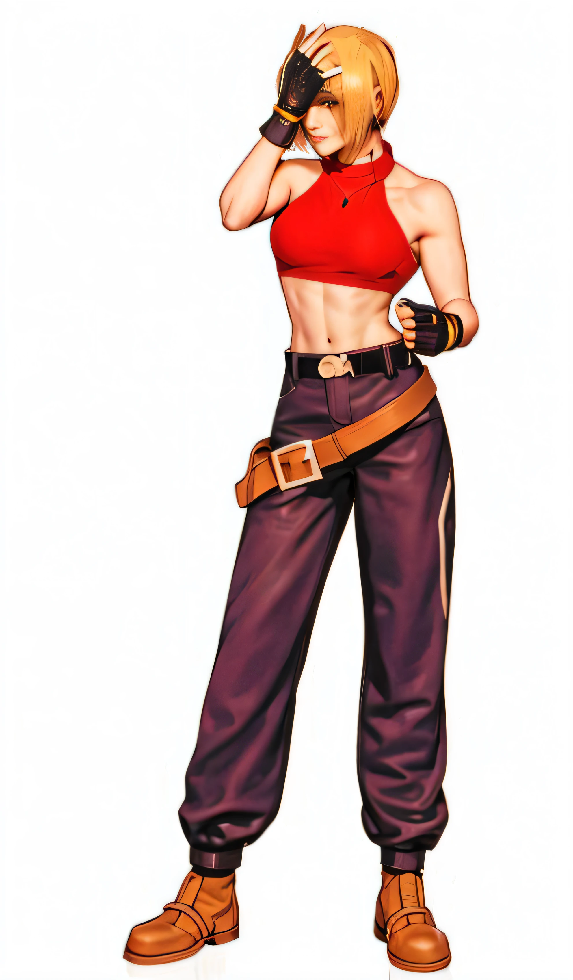 A woman in a red shirt and black pants stands with her head in her hands, 《king of fighter》role, ff Tifa, tifa lockheart, faye valentine, As a character in Tekken, Tifa Lockhart, portrait of tifa lockhart, Charming Tifa Lockheart, kate bishop, tifa lockhart portrait, looking like annie leonhart, alluring tipha lockhart portrait