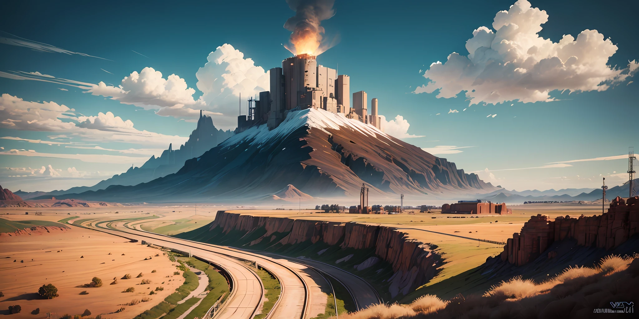 Faraway view，Wide screen，Westworld，Scenes，desolated，Oil exploration，Oil rigs，Modern scenes，Small towns，railroad tracks，Towering chimneys，gigantic mountains，Dry meadow，Skysky，High-quality paintings，GameCG，Game concept art，3a masterpiece，ultraclear，8k --auto