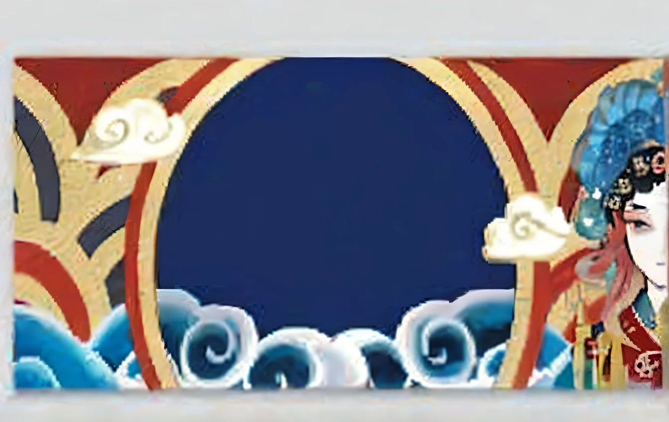 Close-up of photo of woman in blue hat, ceremonial clouds, Magical cloudy background, sōsaku hanga, katsushika hokusai style, fancy clouds, flower  field, author：Urakami Tamamichi, Japanese style painting, colorful swirly magical clouds, cloth banners, hokusai style，Peking Opera stage
