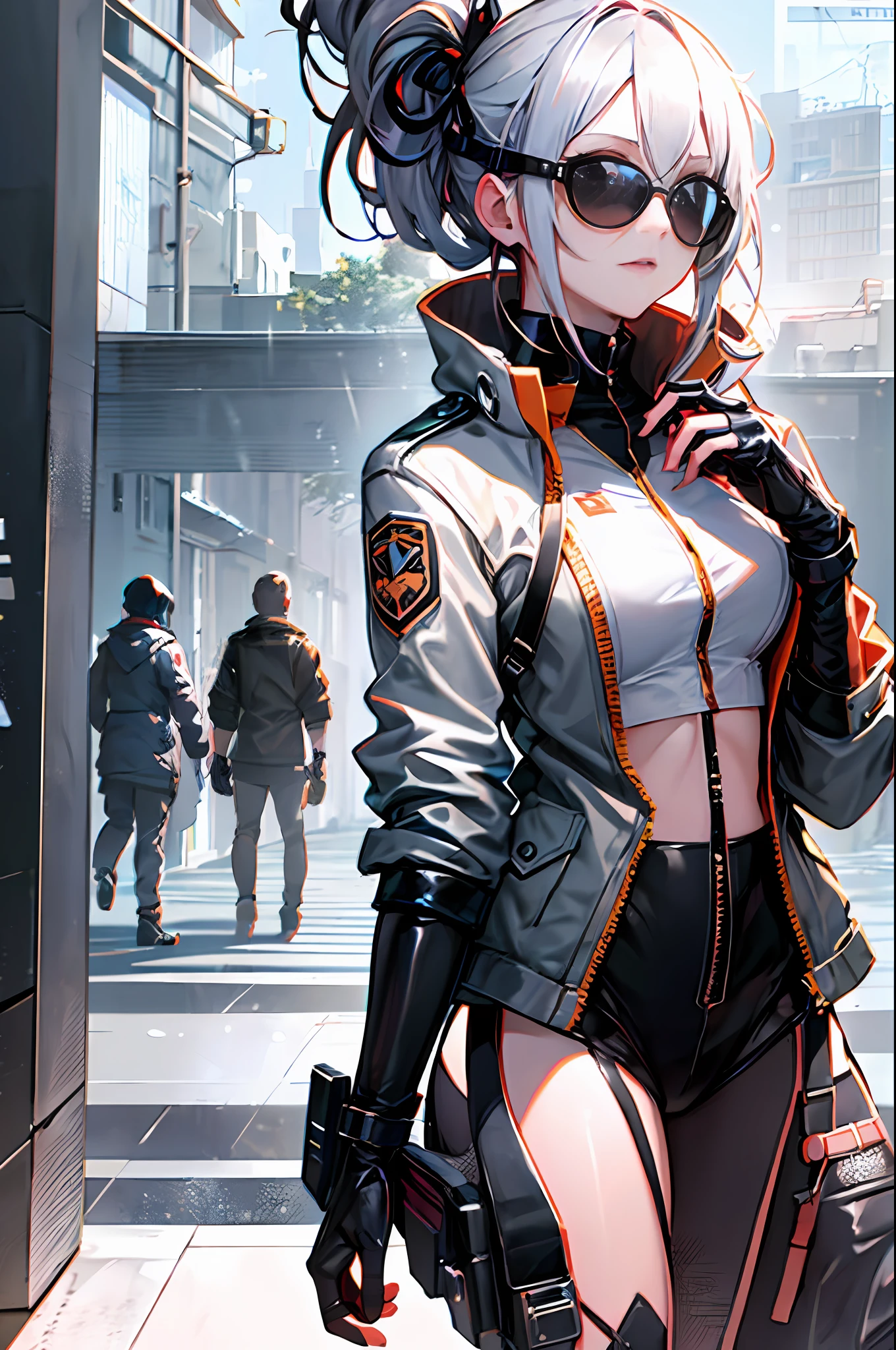 1girll, future warrior，cabelos preto e longos，flowy，crisp breasts，Beautiful thighs，Tattooed with，Chest bumps，Colored square sunglasses，Black tight-fitting one-piece leather jacket throughout，Black boots，There are round metal rings at the wrists and ankles，epcot，cyber punk perssonage，Detailed background，Clothing details，perfectly proportioned, Cinematic lighting, filmgrain, Fuji colors, lightand shade contrast, 8K, 巨作, Textured skin, Super detail, high detal, high qulity, A high resolution,