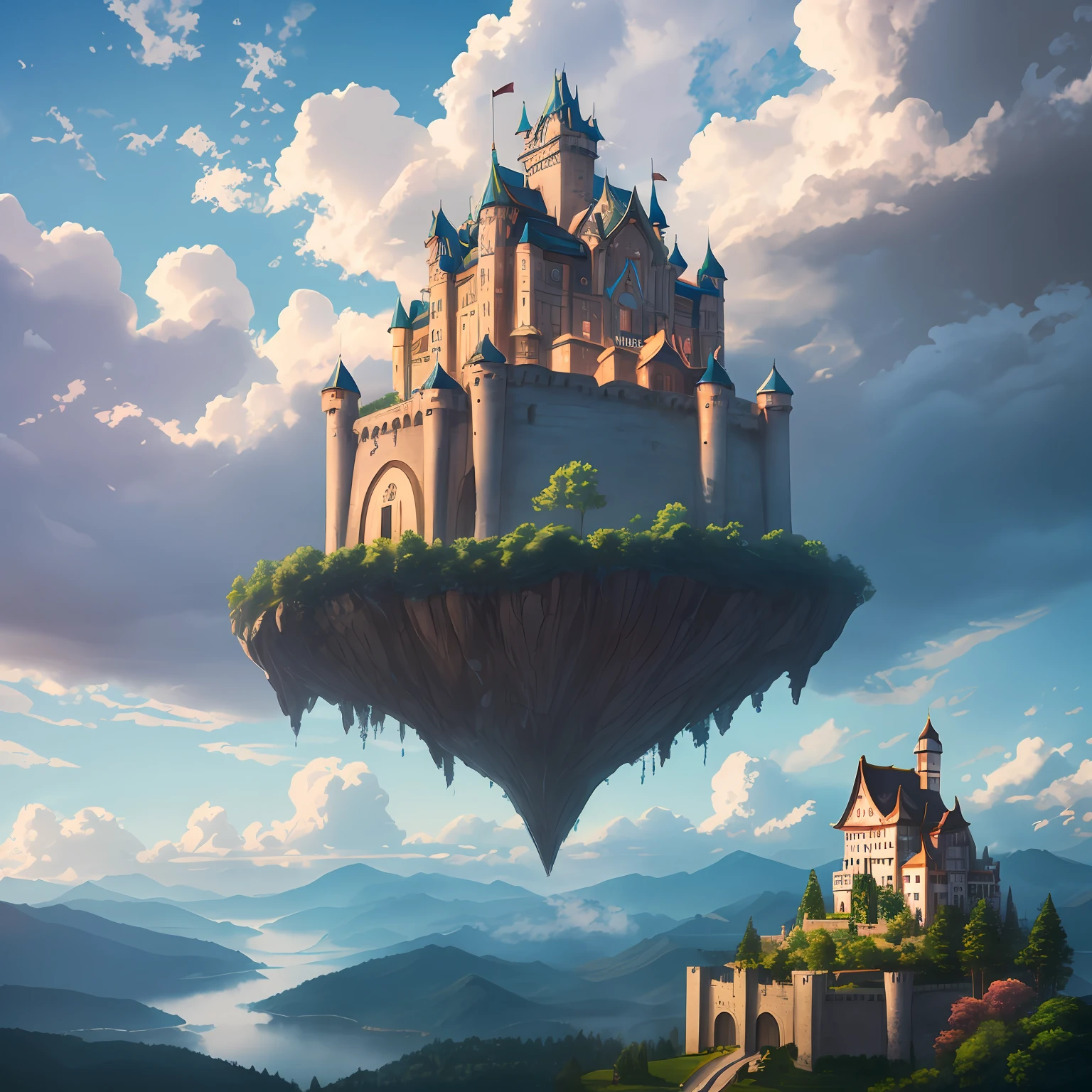 A captivating image of Pazu, Theta, and a castle that takes off and floats high in the sky, with a beautiful blue brighting bottom part that appears in the Japanese masterpiece anime "Castle in the Sky". Pazu and Sheeta are standing on top of the castle. As well as being a fantasy setting, the castle that takes off and floats high in the sky also serves as a symbol of harmony and hope for the characters. The sky is bright blue, and the forest stretches to the horizon, creating a shimmering, misty atmosphere. Wide aperture, slow shutter speed, warm colors