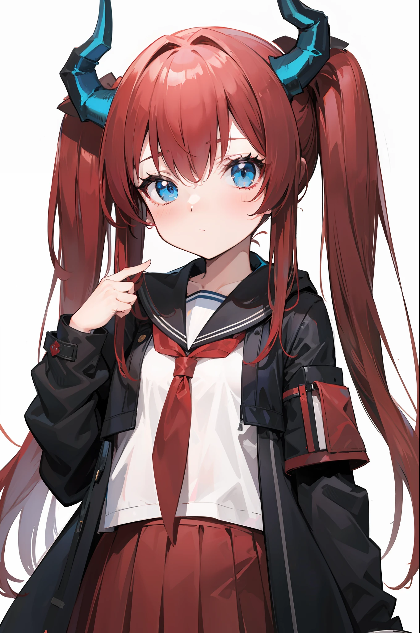 red hair, blue eyes, twintails,Sailor suit,Dragon horns,coat,red Pleated skirt,solo,1girl, arknights, long hair, loli,
