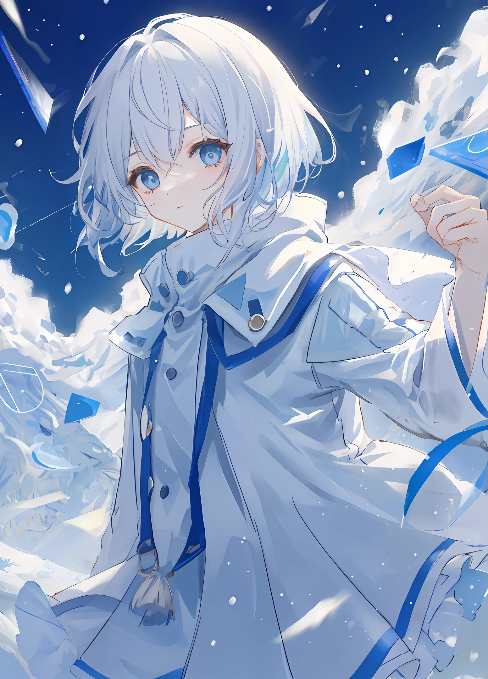 with short white hair，With a white hat，Blue, pale blue eyes，snowy day，quadratic element，teens girl，Back hand，is shy