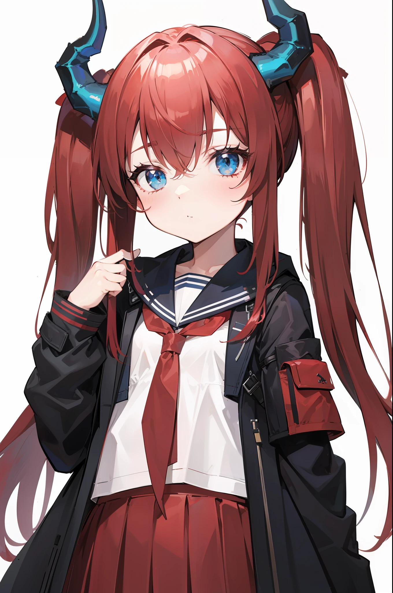 red hair, blue eyes, twintails,Sailor suit,Dragon horns,coat,red Pleated skirt,solo,1girl, arknights, long hair, ,