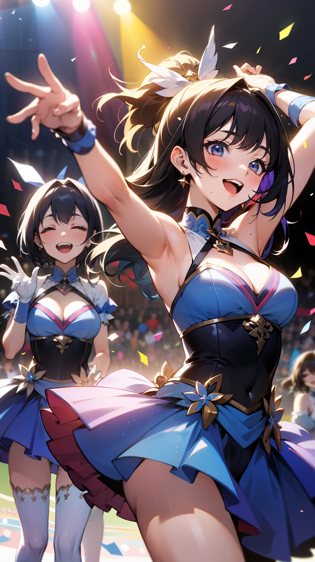 A group of women in idol costumes are striking a pose while happily singing and dancing together, sweating and having fun, They're all smiling and having fun, enjoying the moment. The girls are surrounded by cute and colorful decorations, and they're comfortable and relaxed. They're all good friends, and they're happy to be spending time together, {{{{arena}}}}, idol stage, {{{spot lighting}}}, {{{light from above}}}, {{{{confetti:1.3, motion blur}}}}, {{{dutch angle shot}}},