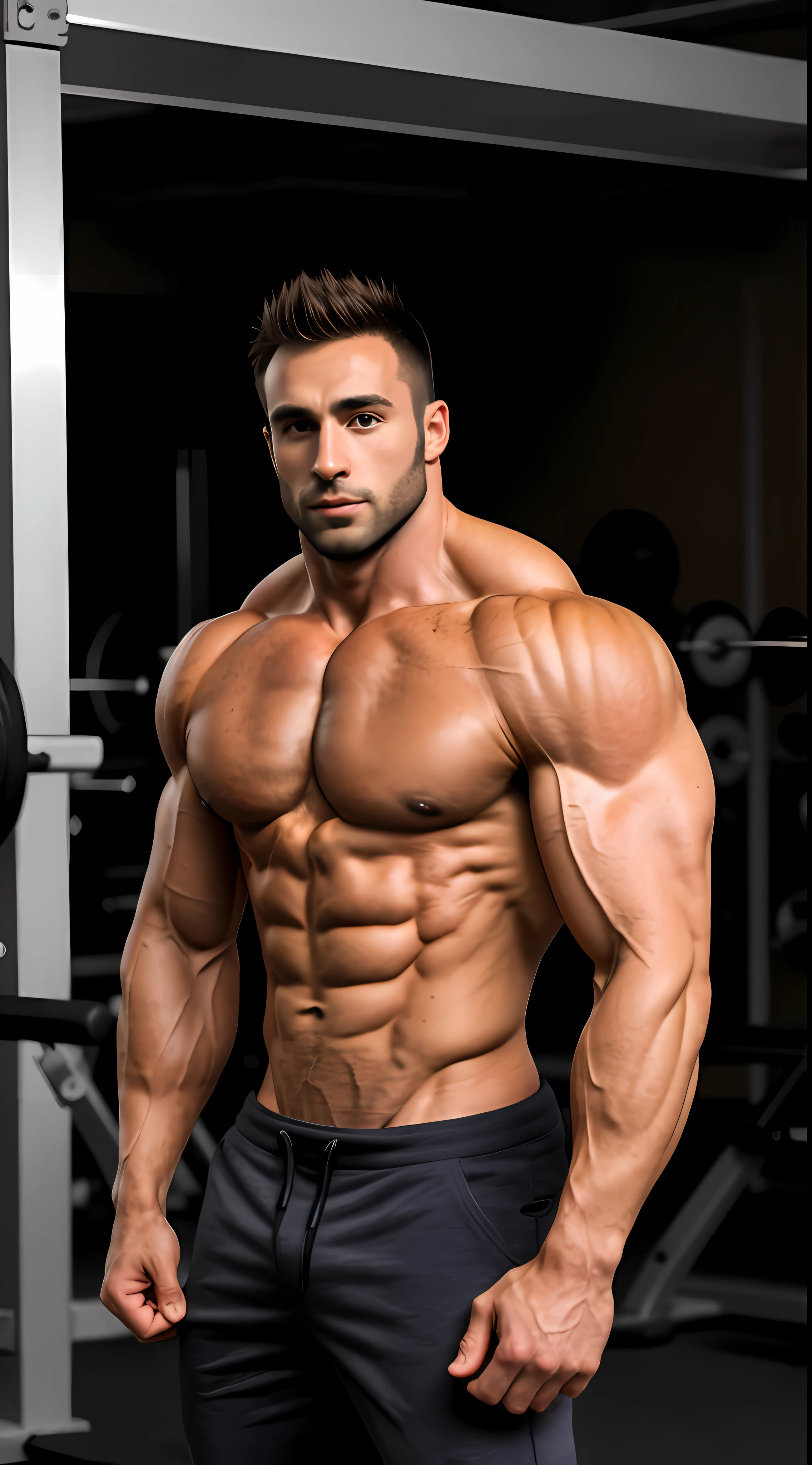 Arafed hombre con un calzoncillo de cuero negro posando para una foto, gigachad musculoso, hirasto y musculoso, Cuerpo robusto y robusto, carnoso, Hombre atractivo y fornido, massive muscles, Fuertes rasgos masculinos, extremadamente musculoso, hombres musculosos, fuerte e imponente, Plano medio de un guapo, pecho peludo, Super buff y cool, big muscle