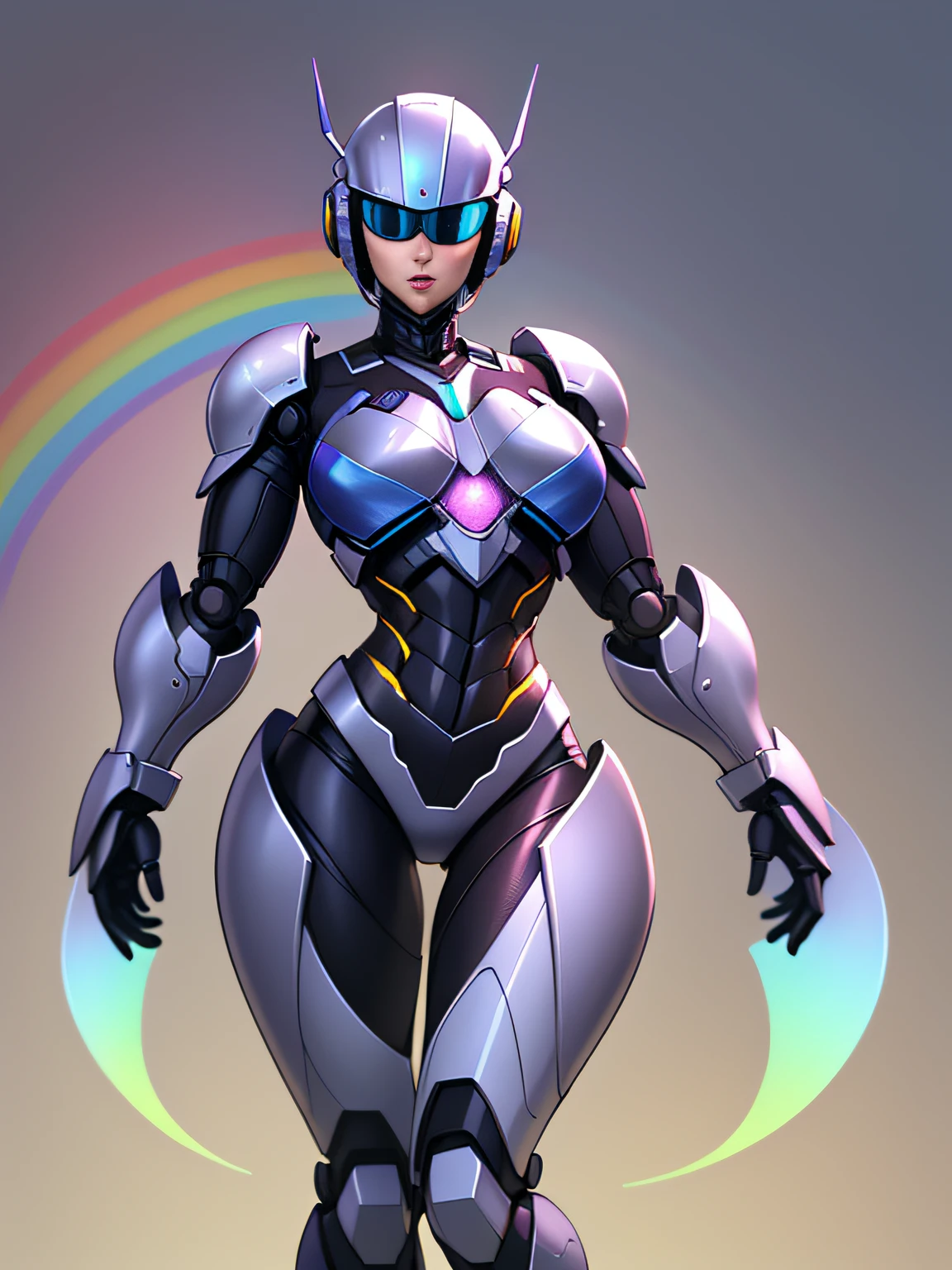 Female RoboCop、Armor that completely covers the whole body、very large chest-shaped chest armor,,、Helmet to hide your eyes、Rainbow armor、Armor that completely covers the chest、Slender and long legs、Vibrant poses、full-body view