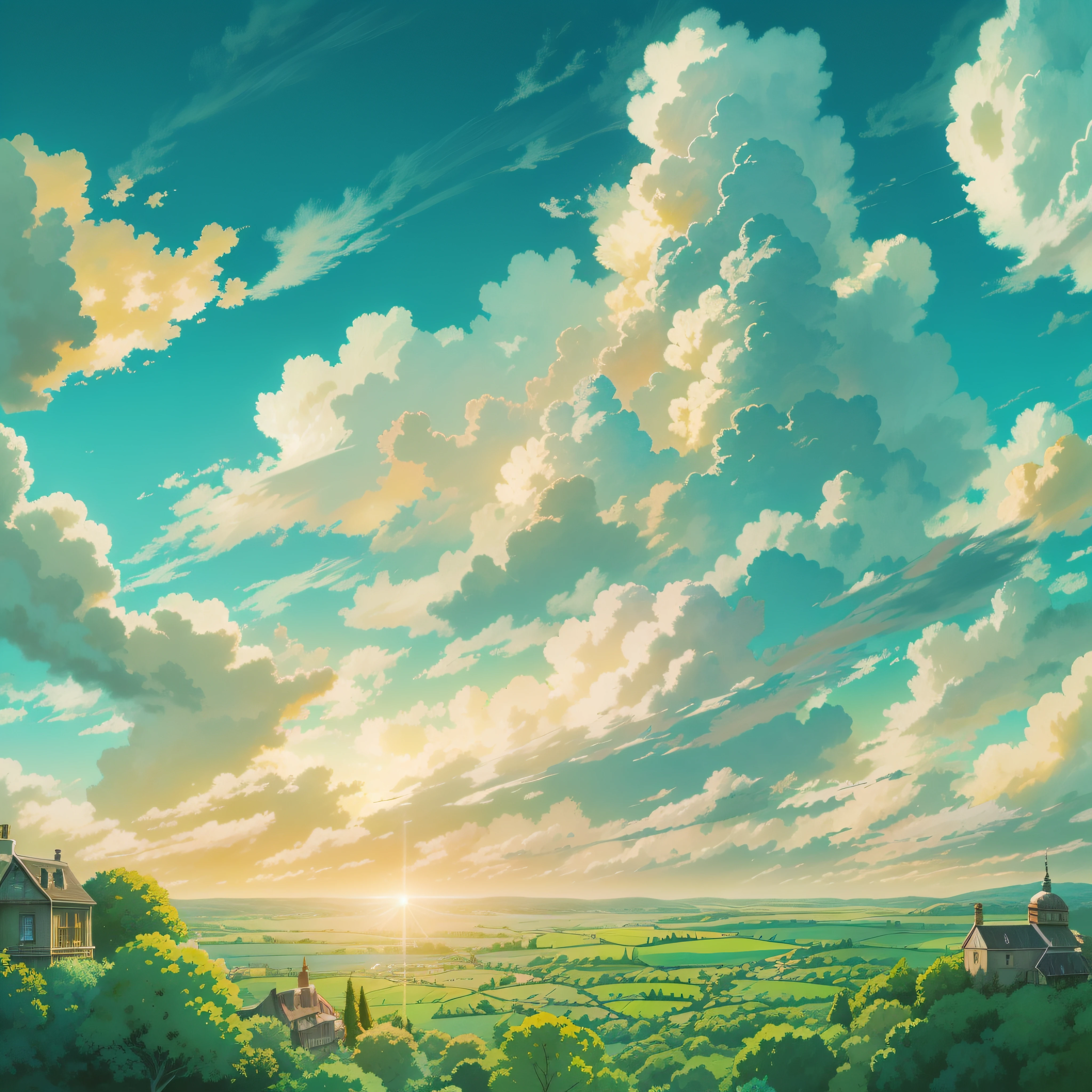 animesque、Skyscape with clouds、Landscape without buildings、You can see the touch of the brush、Studio Ghibli、Ghibli、Scenery、Style、Golden Time、sky line、The sky is covered with clouds、The light is sparkling