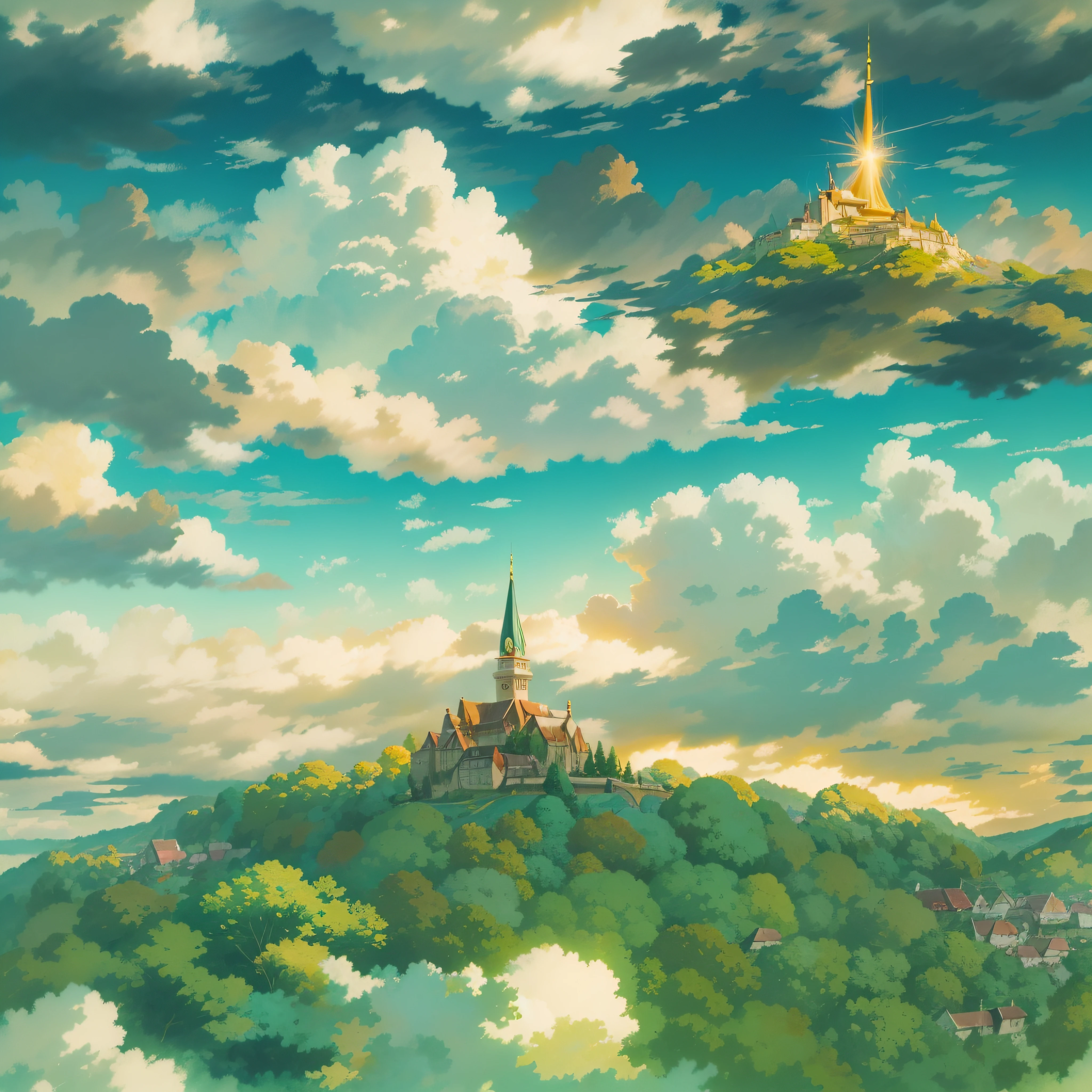 animesque、Skyscape with clouds、Landscape without buildings、You can see the touch of the brush、Studio Ghibli、Ghibli、Scenery、Style、Golden Time、sky line、The sky is covered with clouds、The light is sparkling