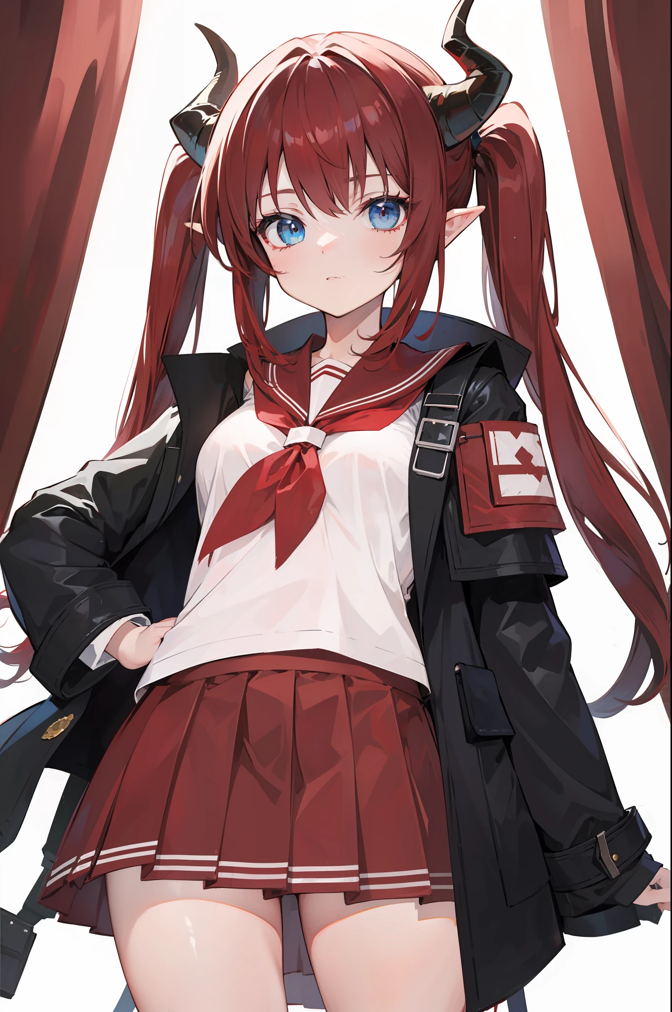 red hair, blue eyes, twintails,Sailor suit,Dragon horns,coat,red Pleated skirt,solo,1girl, arknights, long hair, loli,