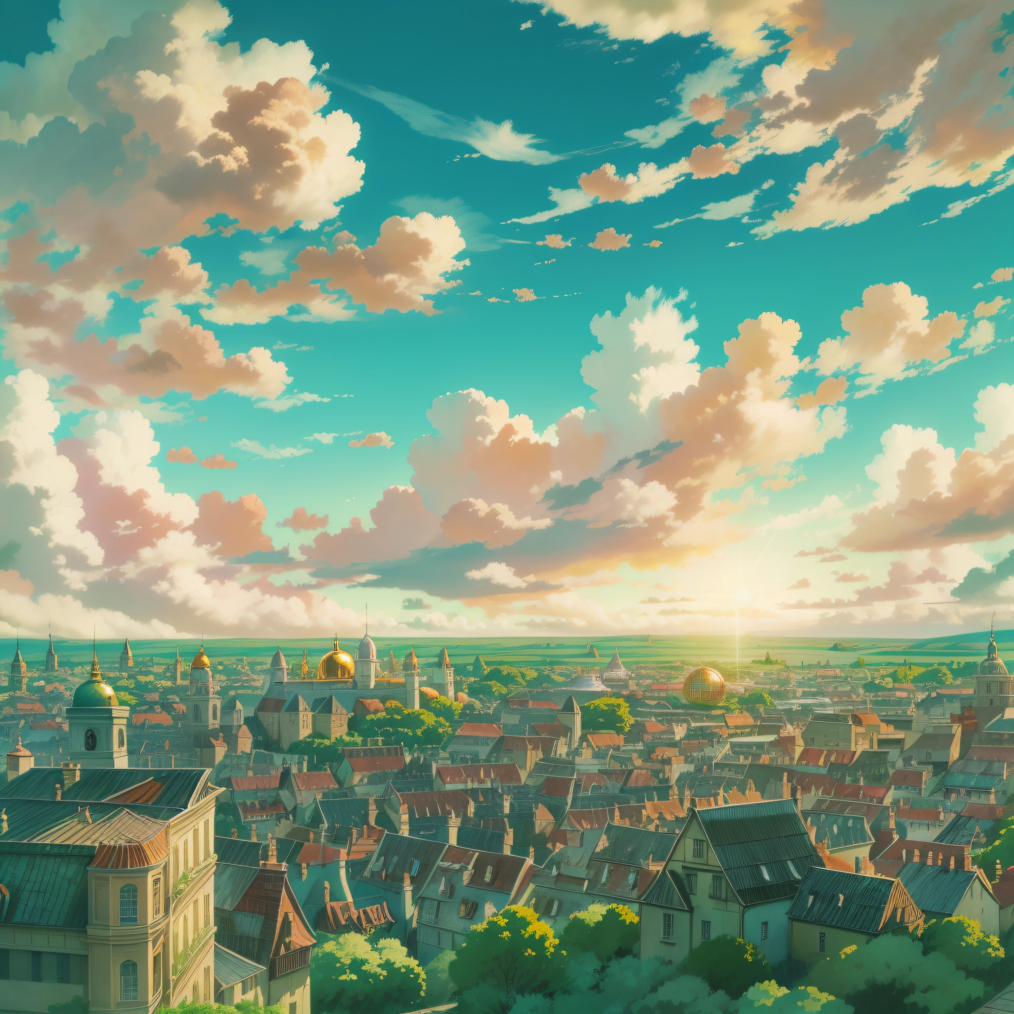 animesque、Skyscape with clouds、Landscape without buildings、You can see the touch of the brush、Studio Ghibli、Ghibli、Scenery、Style、Golden Time、sky line、The sky is covered with clouds、The light is sparkling