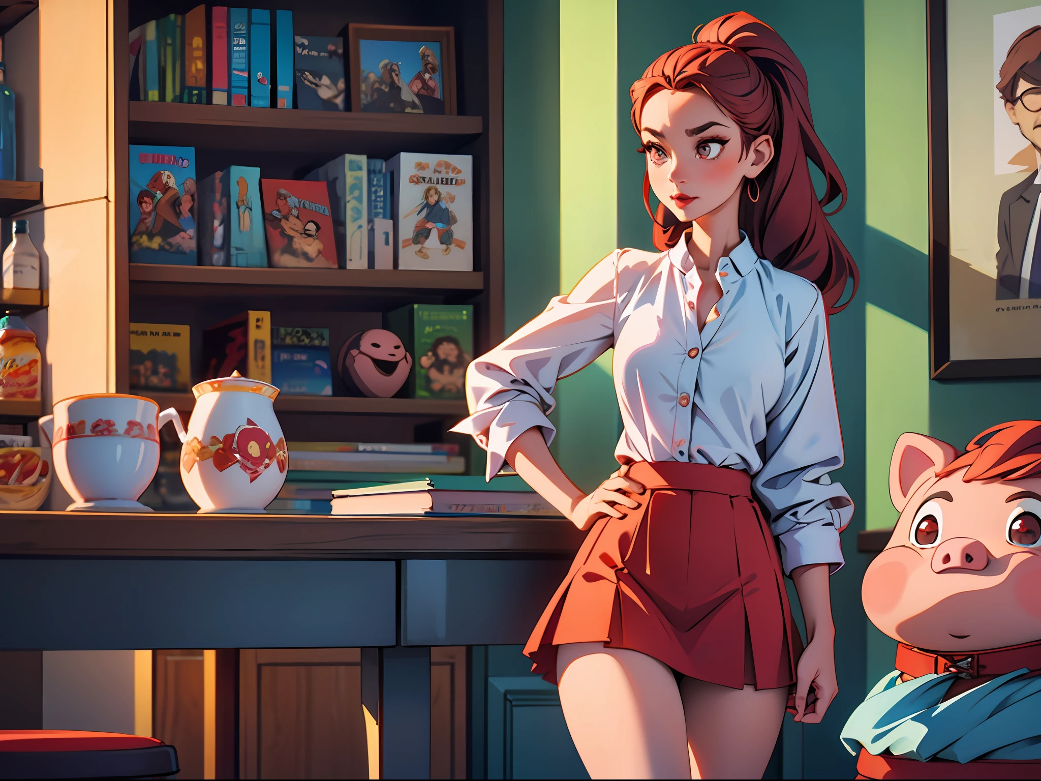 1 girl, red lip, piggy eyes, high forehead, big chest, y, blue skirt --auto