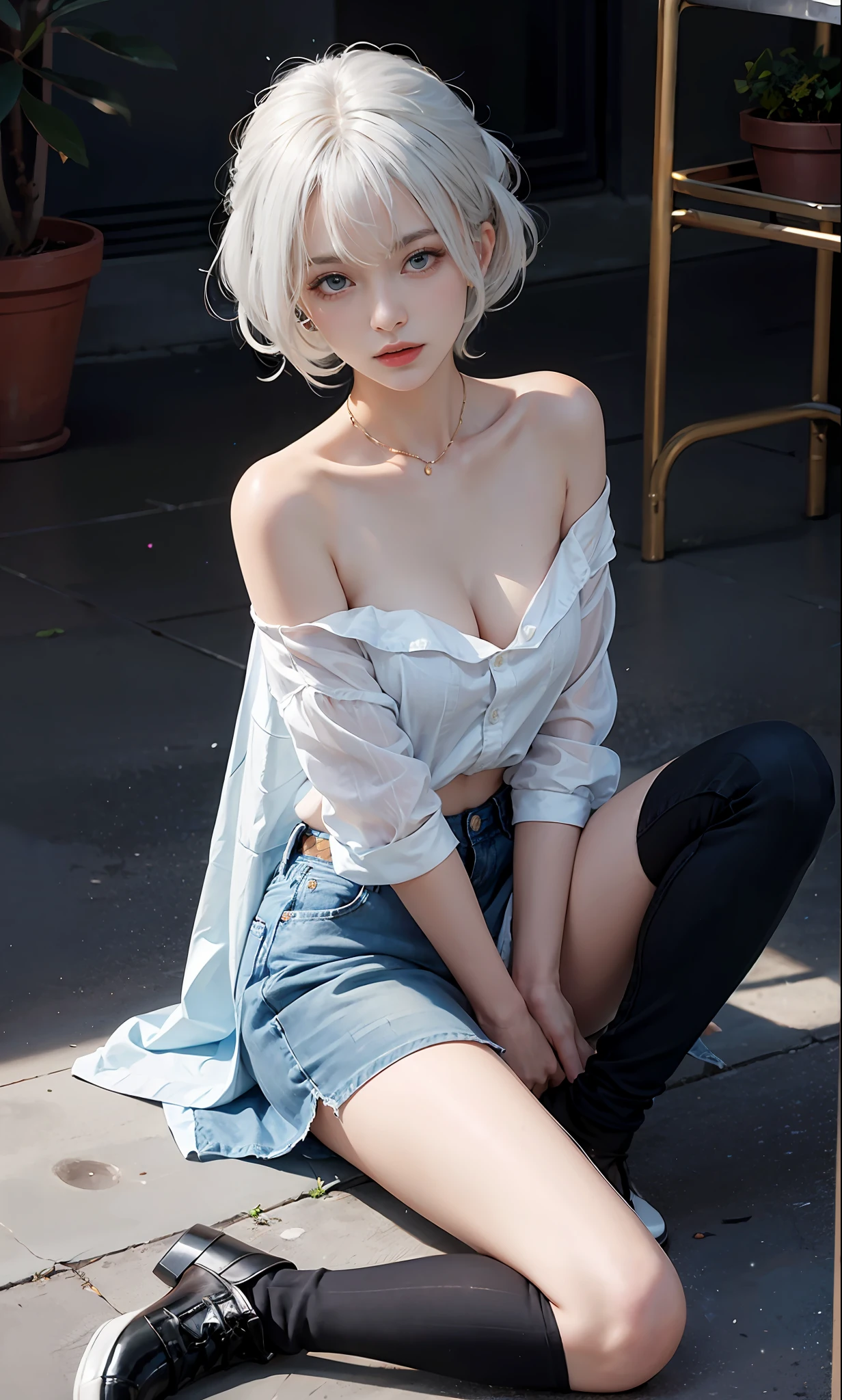 24 years old female model，a matural female，White colored hair，Off-the-shoulder white skirt fabric，The light blue jeans are particularly shiny，Fairy hairstyle，Cover your chest with your left hand，sat on the ground，Bring your legs together to the right，Cover your right eye with your right hand，，Short black socks，Inner eight