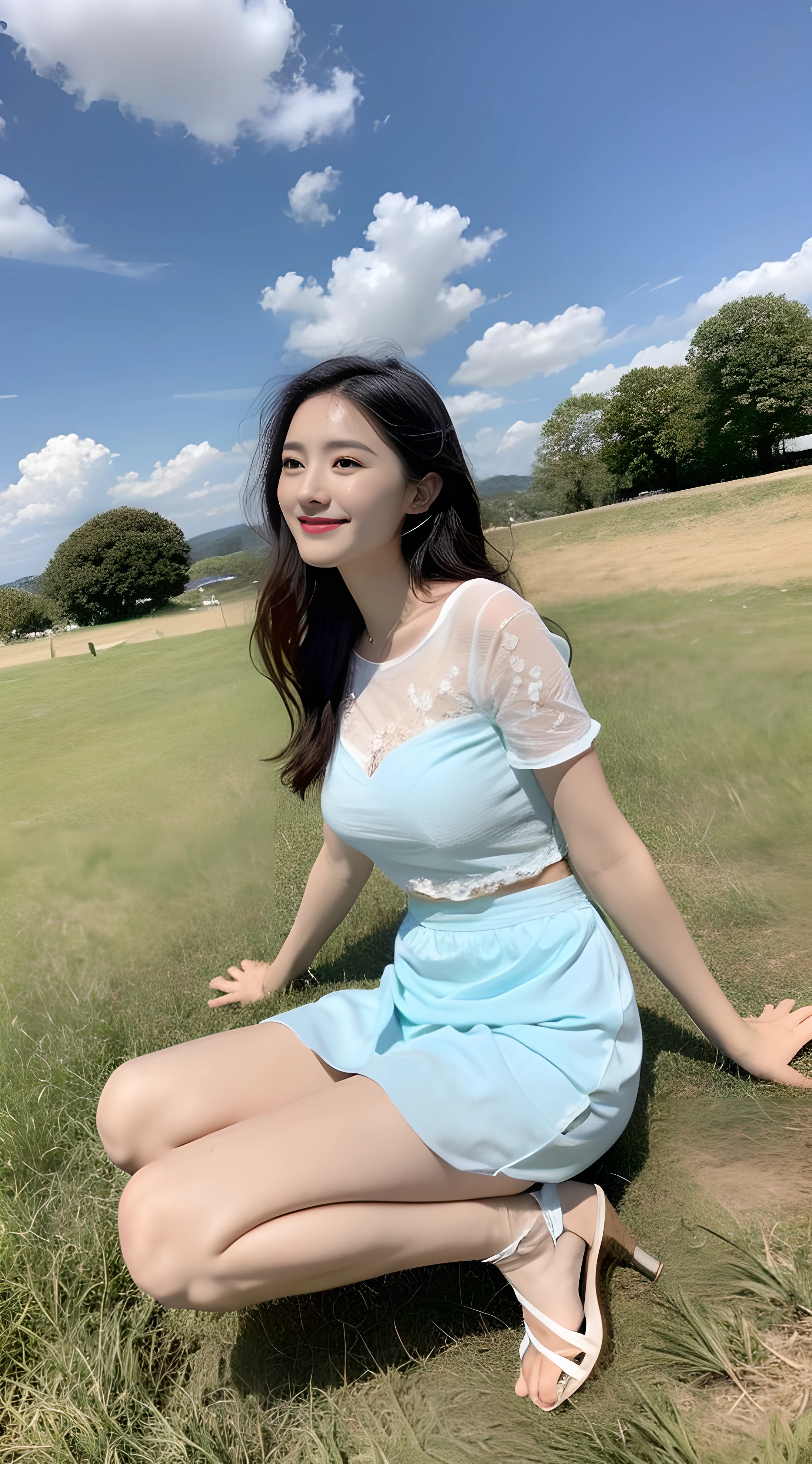 A nice and cute girl,Full body photo,Extremely beautiful and delicate,Black color hair,A sweet smile,Delicate and beautiful fair skin,Realistic and realistic,exquisite and complete facial features,Detailed depiction of the face,tall nose bridge,Smooth hair,extremely detail hair,Feminine temperament,Fill your face light,Tall and tall,Thin,sandals,Realiy,Hyper-realism,full body shot shot,Forward tilt angle,Extreme picture quality,Highest precision,Precise and perfect human anatomy。with blue sky and white clouds,Sitting on the Steppe,with blue sky and white clouds,rays of sunshine,cattle and sheep,(White chiffon skirt)Panties are clearly visible. telephoto shot,Express the landscape,Highlight portrait。
