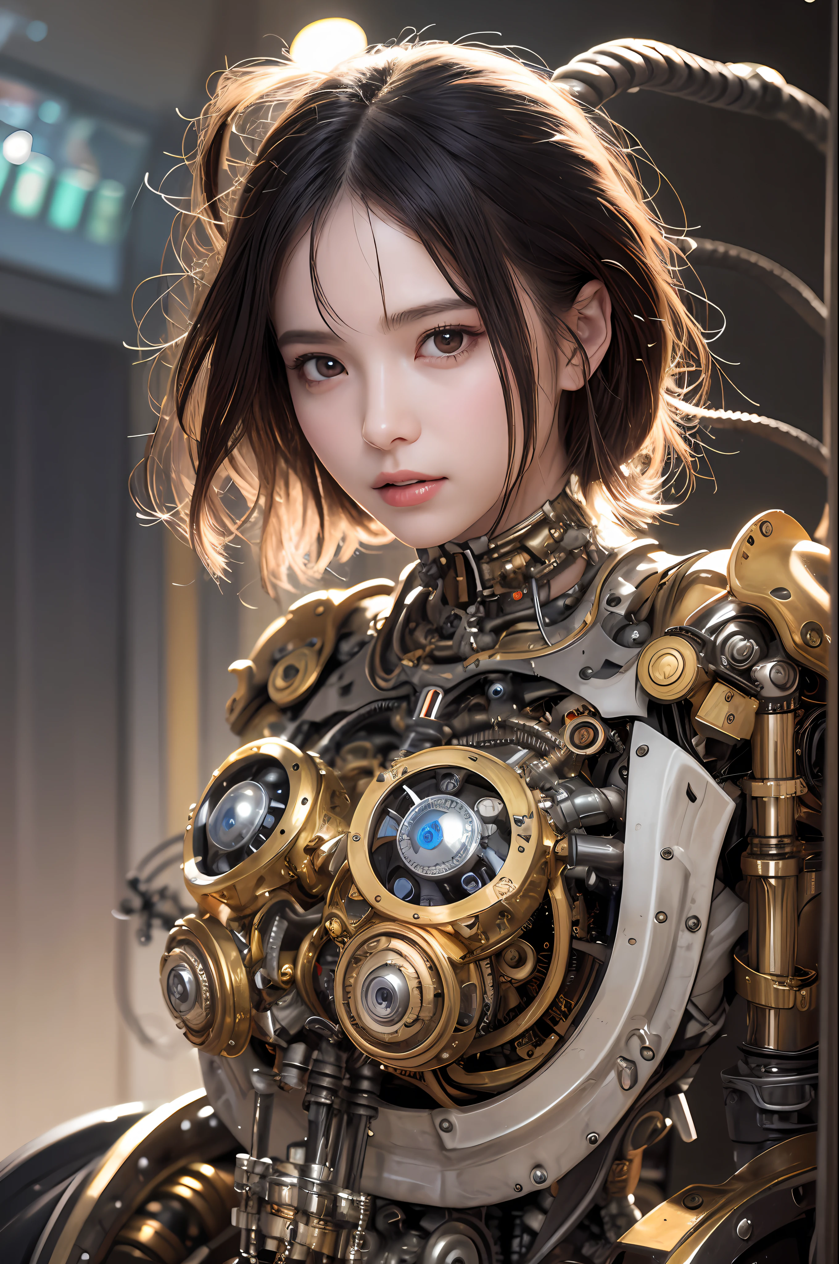 top-quality、masterpiece、超A high resolution、(Photorealsitic:1.4)、Raw photo、1人、Black hair、glowy skin、1 Mechanical Girl、((super realistic details))、portlate、globalillumination、Shadow、octan render、8K、ultrasharp、character edge light,Colossal tits、Raw skin is exposed in cleavage、metals、Details of complex ornaments、Steampunk details、vacuum tubes、Nixie Kan、Oil pressure gauge、Glass Kan、Analog Meter、gear wheel、gear、Golden hydraulic cylinder、highly intricate detail、Realistic light、CGSoation Trends、a purple eye、radiant eyes、Facing the camera、neon details、Mechanical limbs、blood vessels connected to tubes、Mechanical vertebrae attached to the back、mechanical cervical attaching to neck、sitting on、Wires and cables connecting to the head、Evangelion details、Small LED lamp、