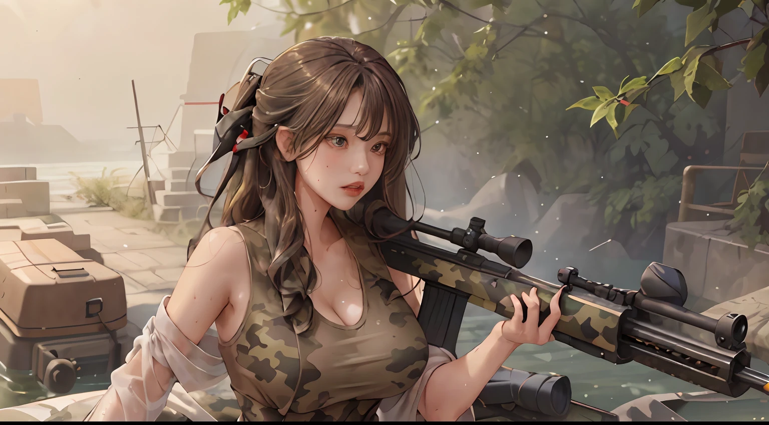 Masterpiece: 1.2, Best quality), Realistic, (Real picture, rich detail details, depth of fields), (1girll, Solo), Makeup, harelip, High detail, Perfect face shape, (Big breasts: 1.4), (skin indentation ), thick thight, Wide hips, Bigchest ,Big breasts Thin waist, Tall guy, coral, Redlip, red - eyed, horse tailed,(((Girl with sniper rifle, Camouflage dress,Clear black sexy breasts slightly leaky)))), (sweat leggs: 1.2), (dampness), Raised sexy, Be red in the face,Sweaty