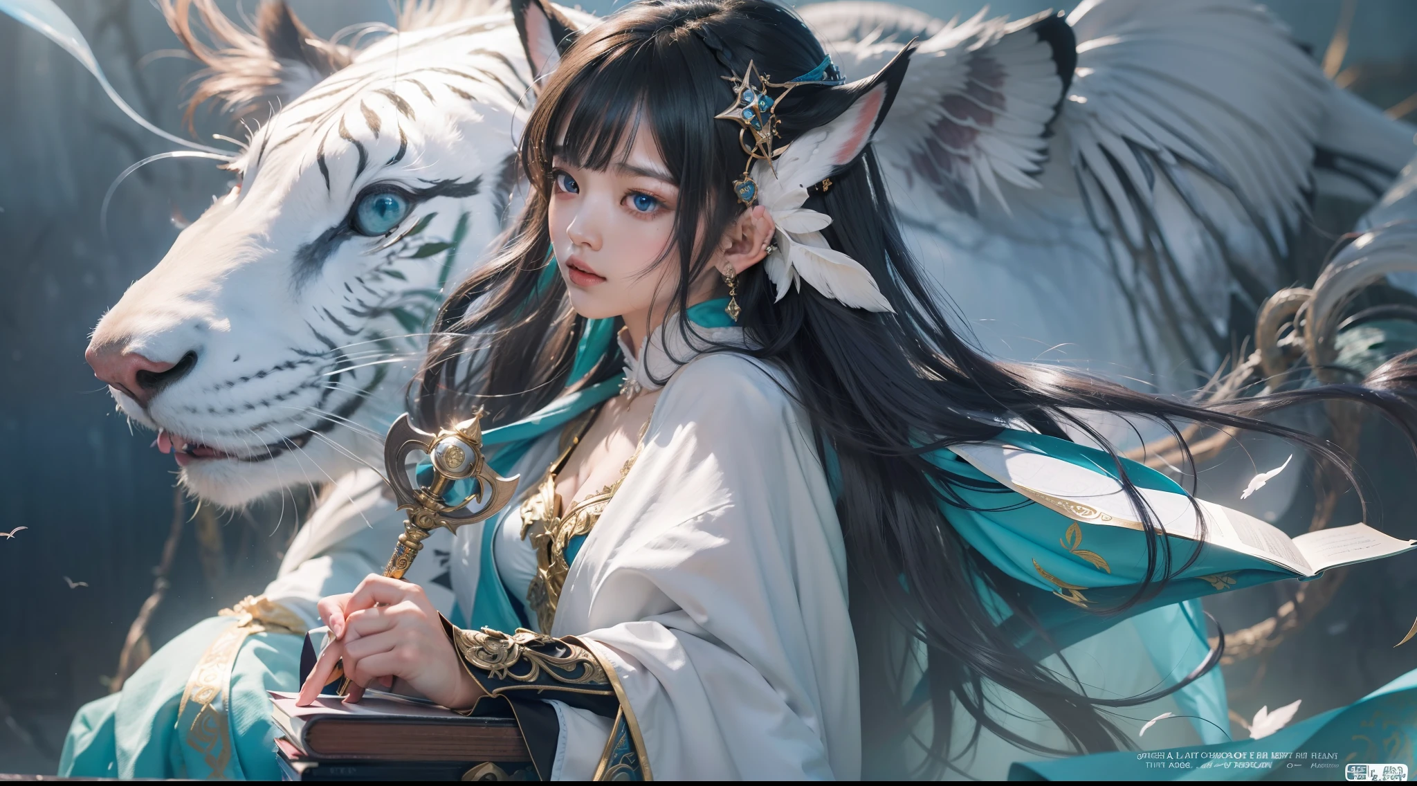 Magic Book,Blood,Night, Dark, (Fantasy),infinite,deep blue sky,The abyss of knowledge,Cowledge,((masutepiece)), (((Best Quality))),((Beautiful fine eyes)),(Eye lashes)、Beautiful girl riding a white tiger、(女の子1人)、Black hair、The long-haired、abyss eyes、glowy skin、oils、small tits、(Bird body、pluma)、Wizard robes、tattered cloth、Realistic coat、Teenchi、elvish、Super delicate CG Unity 32k wallpaper、masterpiece, ((ultra-detailliert)), ((illustratio)),colourfull,wall-paper,The energy,Unknown terror,Incomprehensible,Around the magic,Magical surroundings,magic wands,Boken,Flying pages,Know everything,Predict the future、Get to know the past、Infinite wisdom、blue flames、Warlock、magic circles、Pentagram、Spells、mantra、Singing magic