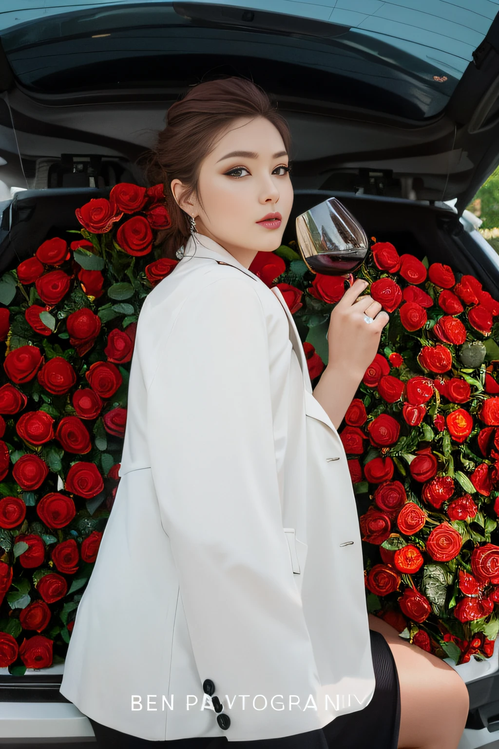 Woman sitting in the trunk of a car drinking a glass of wine, shot on a Canon EOS R5, shot on canon eos r 5, Wine, Gemma Chen, shaxi, portrait shooting, mid shot portrait, high - end fashion photoshoot, she holds a glass of wine, With flowers, shot on leica sl2 --auto