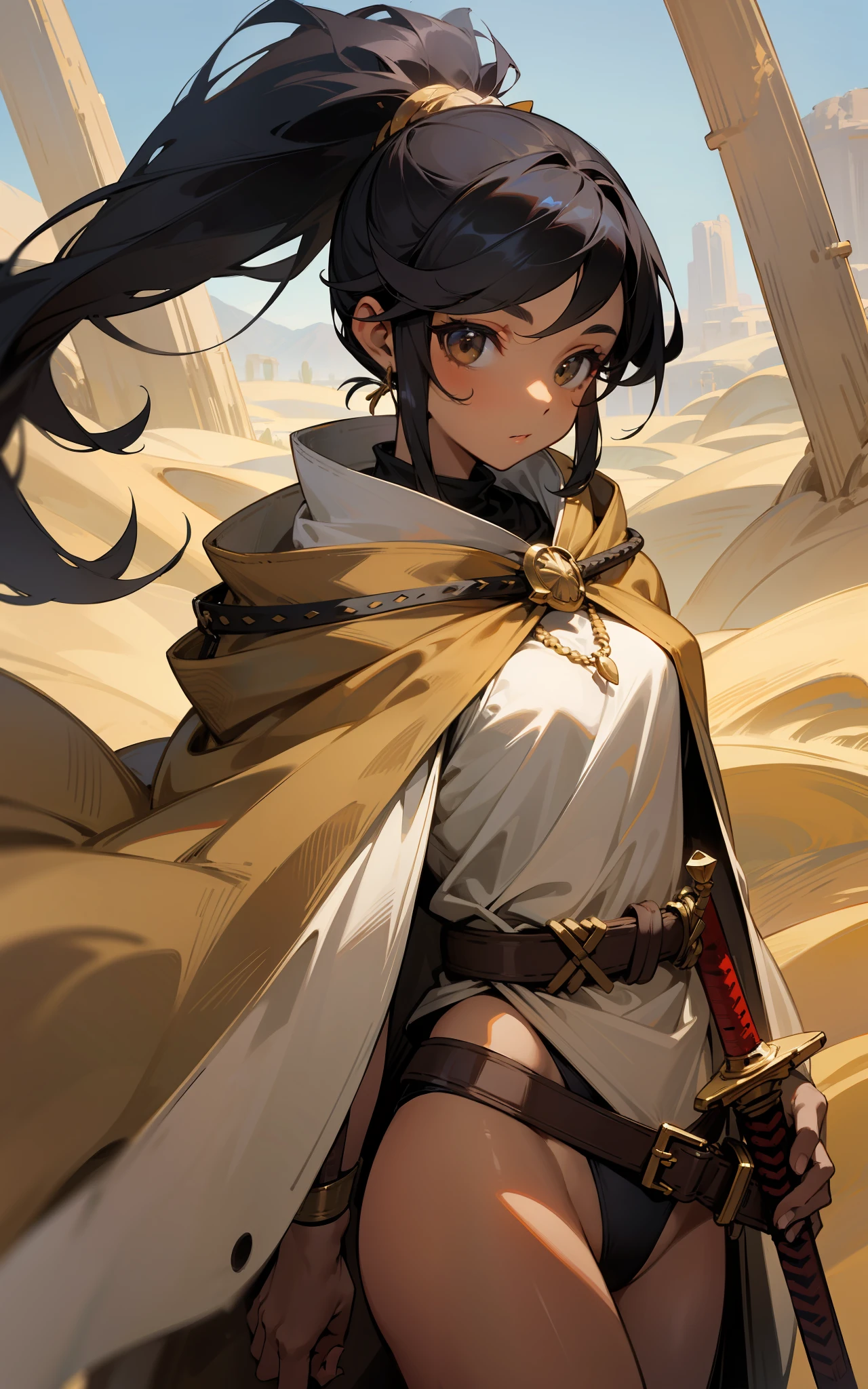 top-quality、hight resolution、detaileds, Desert People、Beautiful girl in cloak over underwear、Inside a desert oasis、Brown skin tone、Fantasy worldview、Wielding a crooked sword、Black Hair Ponytail、length hair、