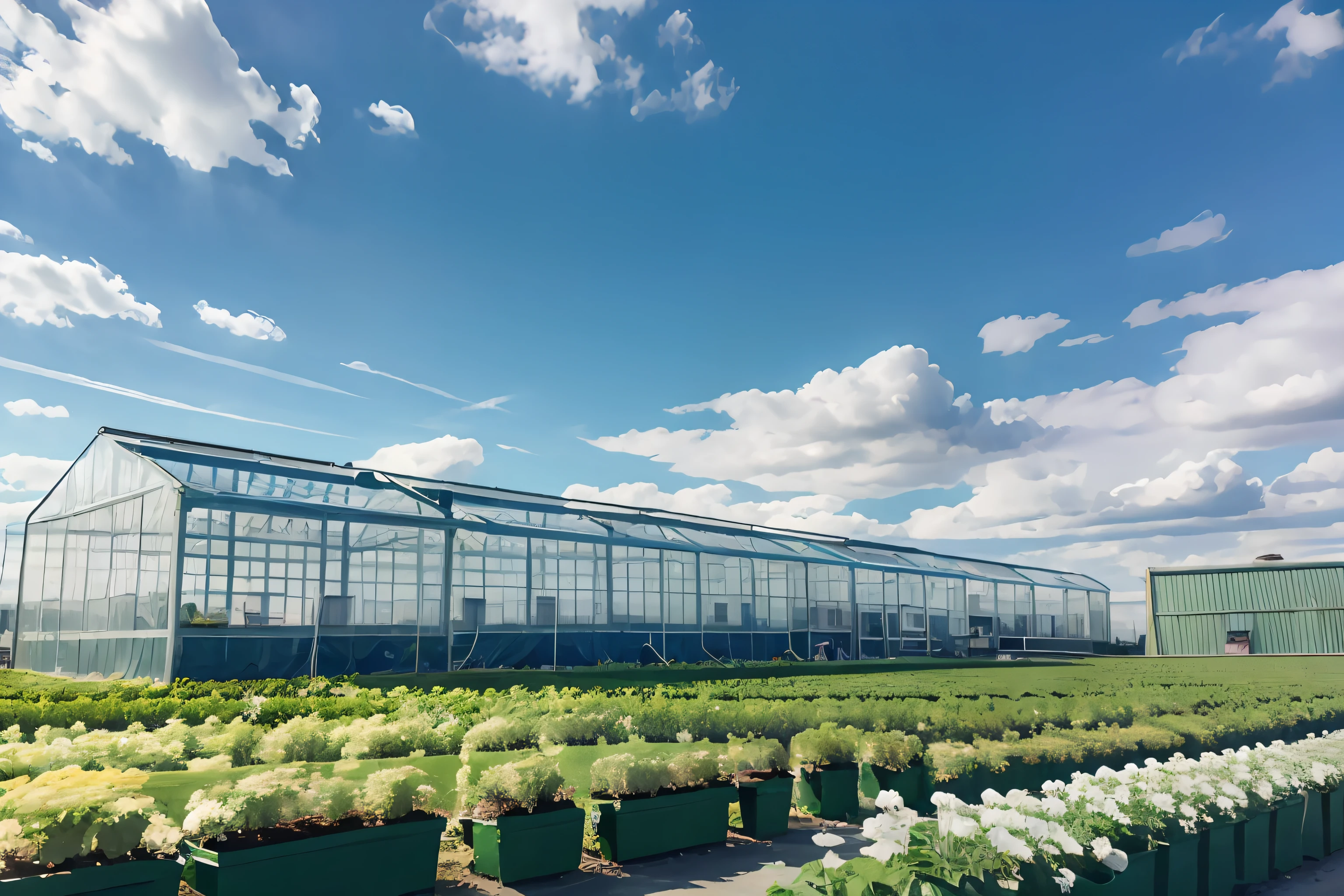 AI greenhouse ,Grandiose spectacle, Scenes, Live photos, 8K, Kodak, shutter inventory, Blue sky and white clouds, Floriculture