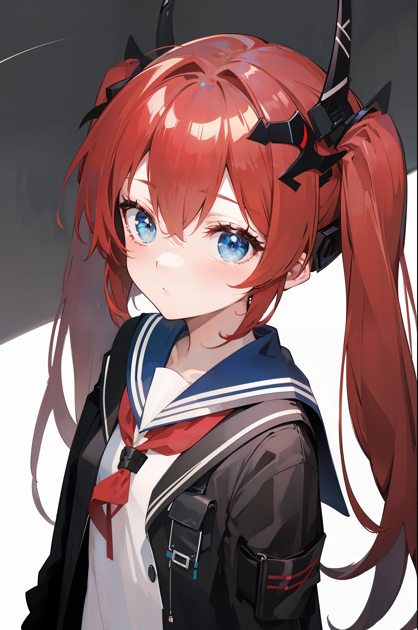 red hair, blue eyes, twintails,Sailor suit,Dragon horns,coat,red Pleated skirt,solo,1girl, arknights, long hair, loli,