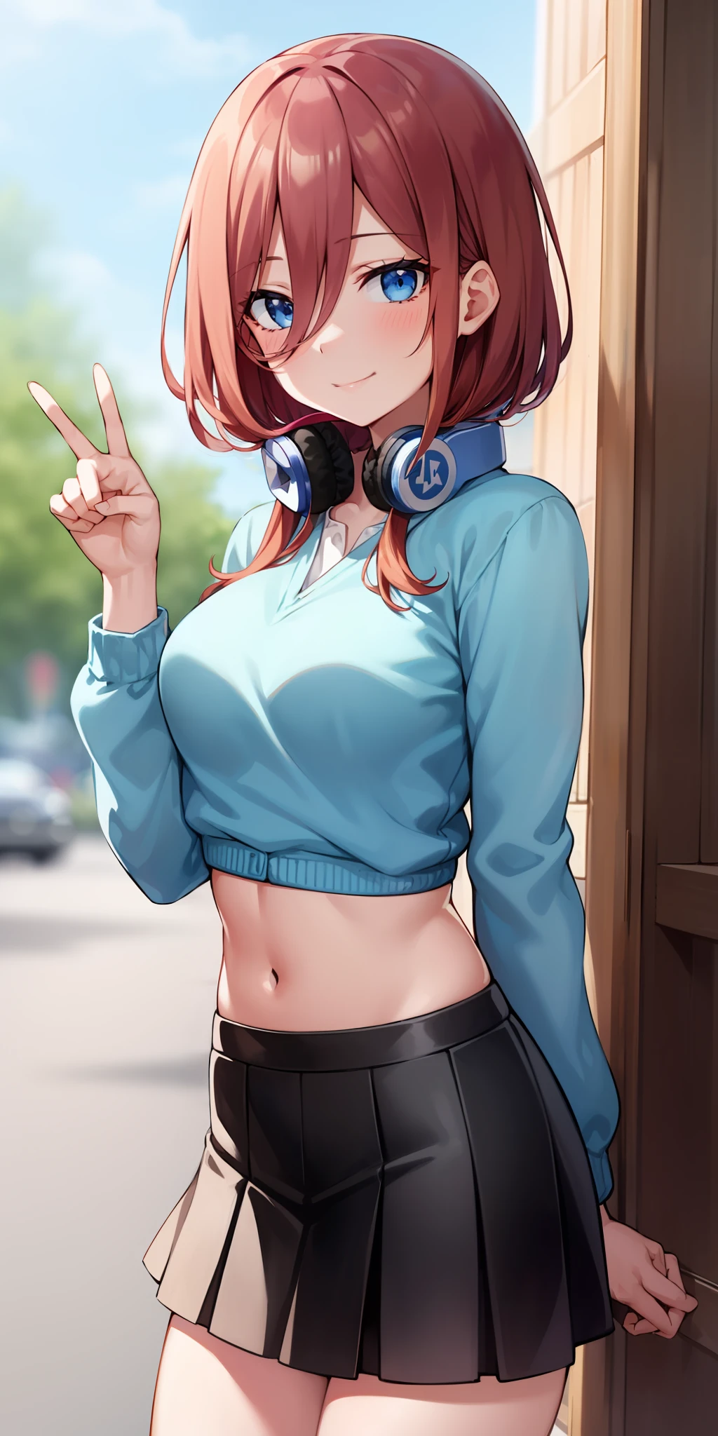 2d, masterpiece, best quality, anime, highly detailed, 1girl, solo, cowboy shot, nakano miku, brown hair, hair between eyes, blue cardigan, headphones, Crop top ,  skirt, miniskirt, medium breasts, standing, , outdoors, smile