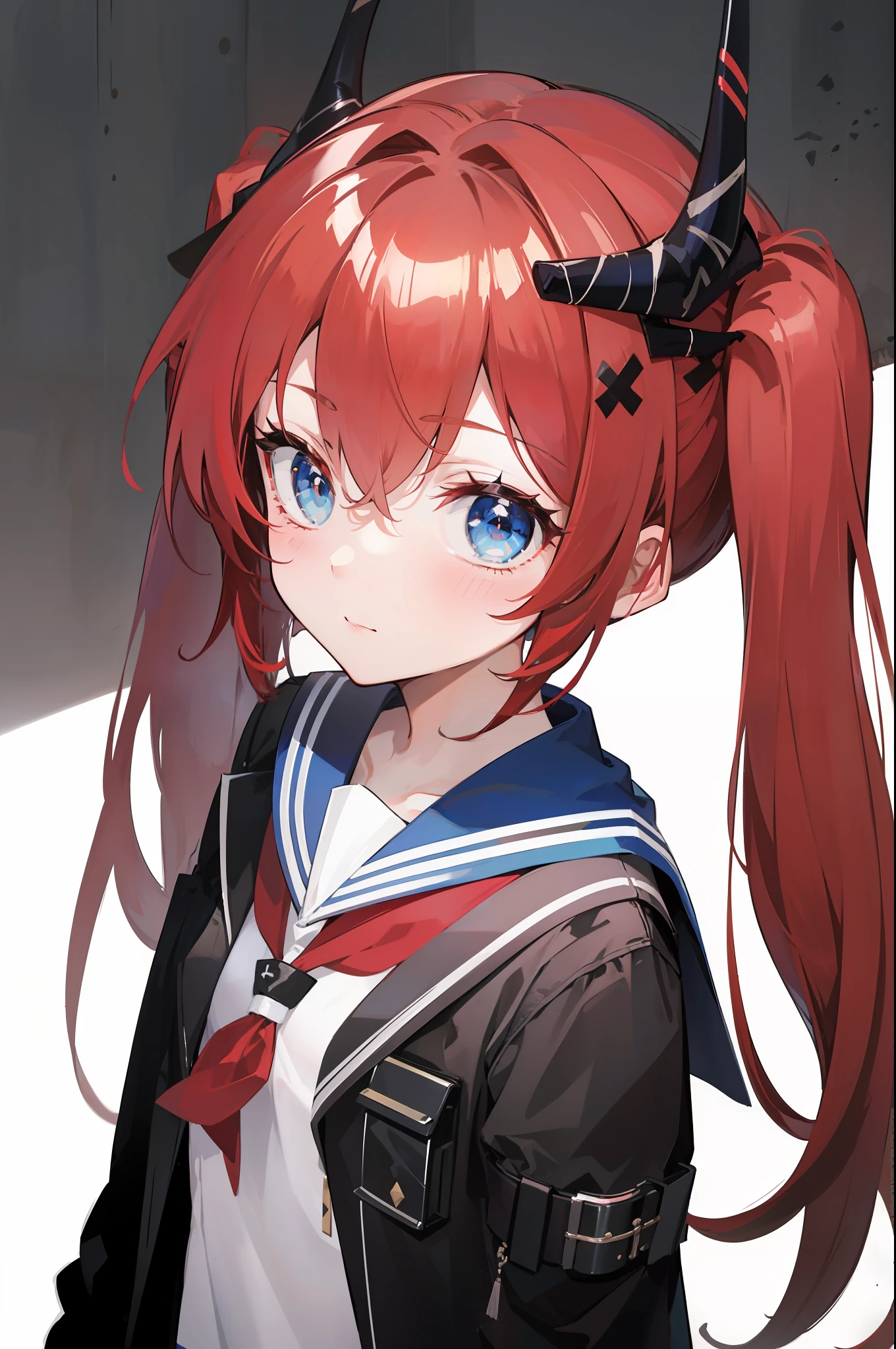 red hair, blue eyes, twintails,Sailor suit,Dragon horns,coat,red Pleated skirt,solo,1girl, arknights, long hair, loli,