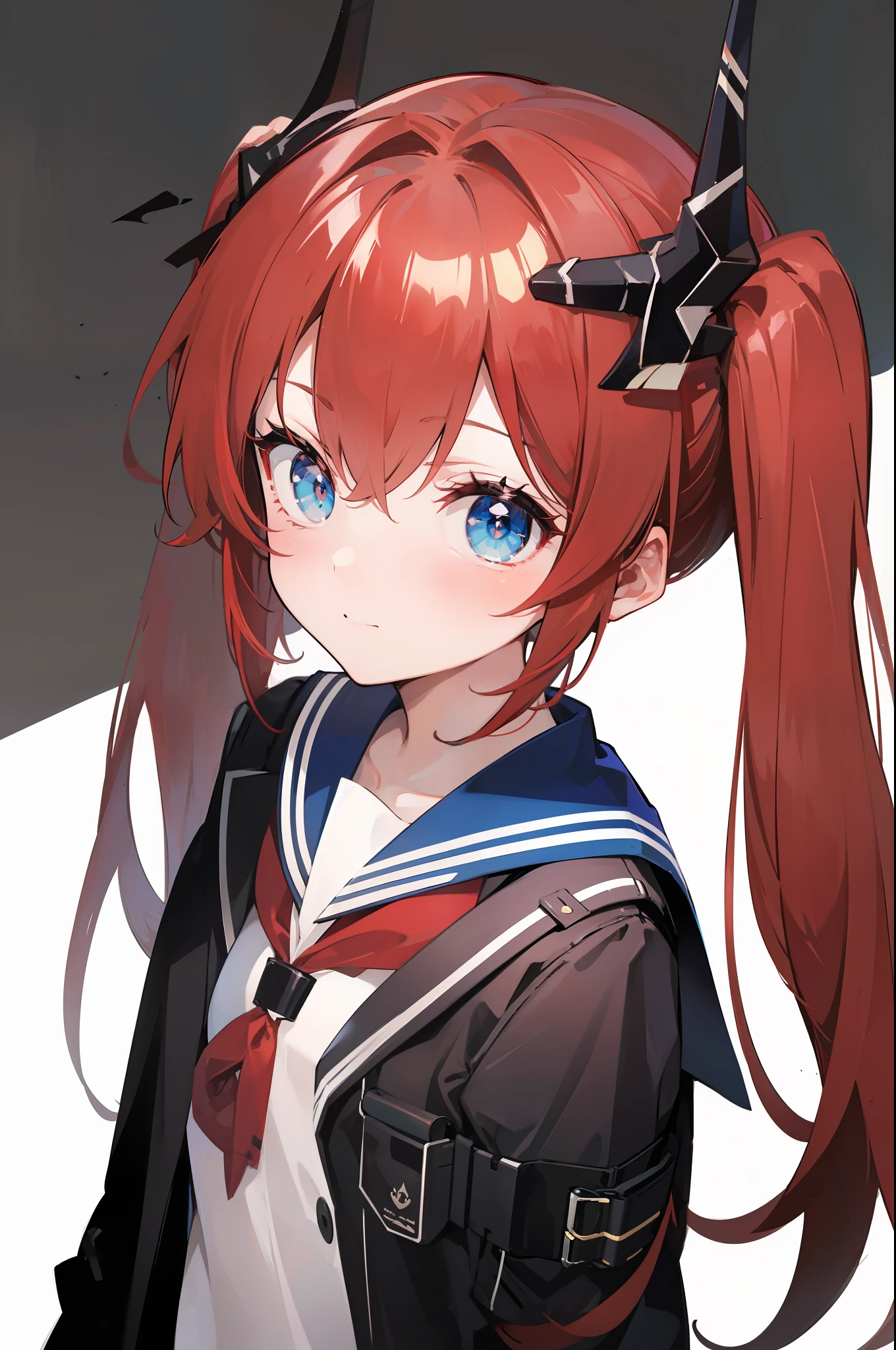 red hair, blue eyes, twintails,Sailor suit,Dragon horns,coat,red Pleated skirt,solo,1girl, arknights, long hair, loli,