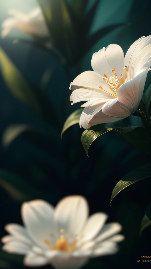 tmasterpiece，Works of masters，top-quality，8K，The ultra-realistice，3D，Ultimate detail，Layered，Clear texture，dyna，Bright texture，atmosphere lights，classic,fairyland,Amazing,detailed light，Detailed pubic hair，extremely higly detailed，a plant，White gardenia，solo，closeup cleavage，Moisture，cleanness，Full of life，（The background is black），rim-light，Realistic lighting，