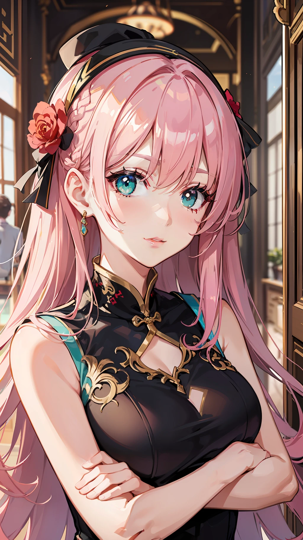 (masuter piece,best puality,ultra-detailliert:1.3), Long pink hair,Green eye,Bright, gal in a cheongsam, Adorable expression, Sophisticated style, Confident posture, ornate hair accessory, indoor shop backdrop, radiant sunlight,