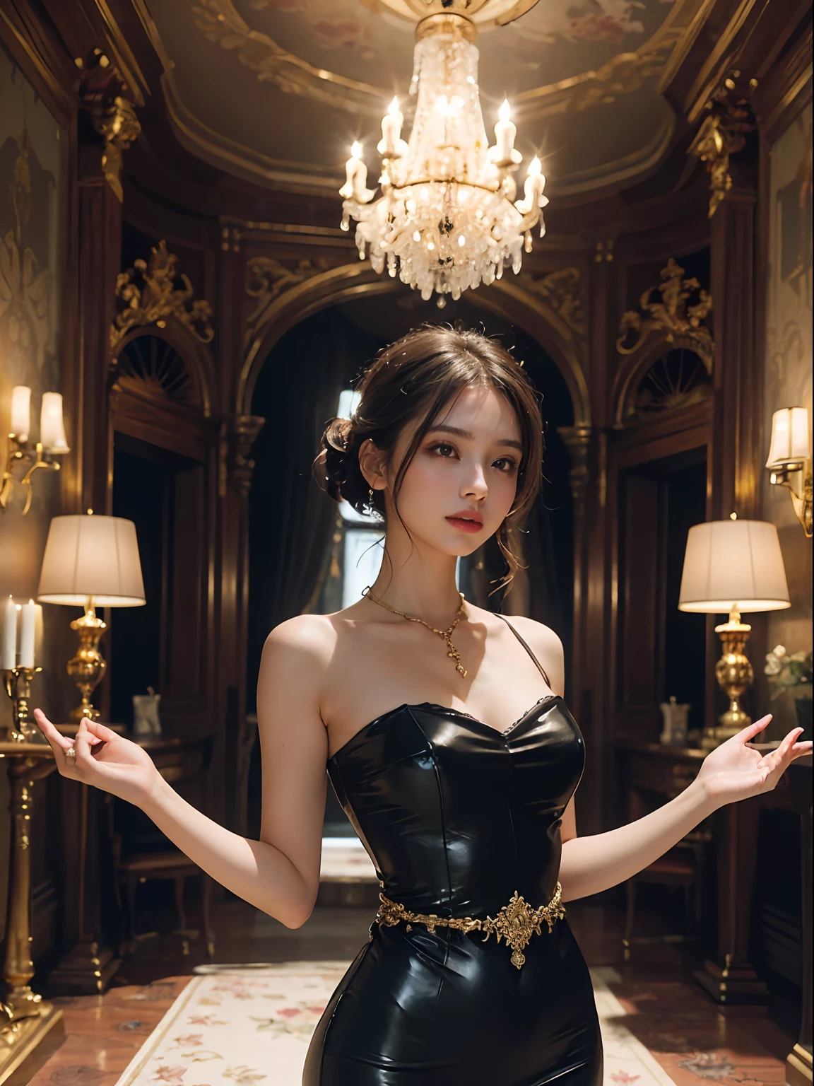 (masterpiece, high resolution, glamorous:1.2), captivating young woman, (stunning black dress:1.3), (elaborate lace and beading:1.2), (elegant silhouette:1.1), gracefully standing in a lavish setting, (opulent chandeliers casting warm light:1.2), (intricate ceiling moldings:1.1), (richly patterned wallpaper:1.2), (ornate golden frames showcasing artwork:1.1), a scene filled with opulence and sophistication, (soft shadows and highlights:1.2), (reflections on glossy surfaces:1.1), a moment of timeless allure, detailed composition.