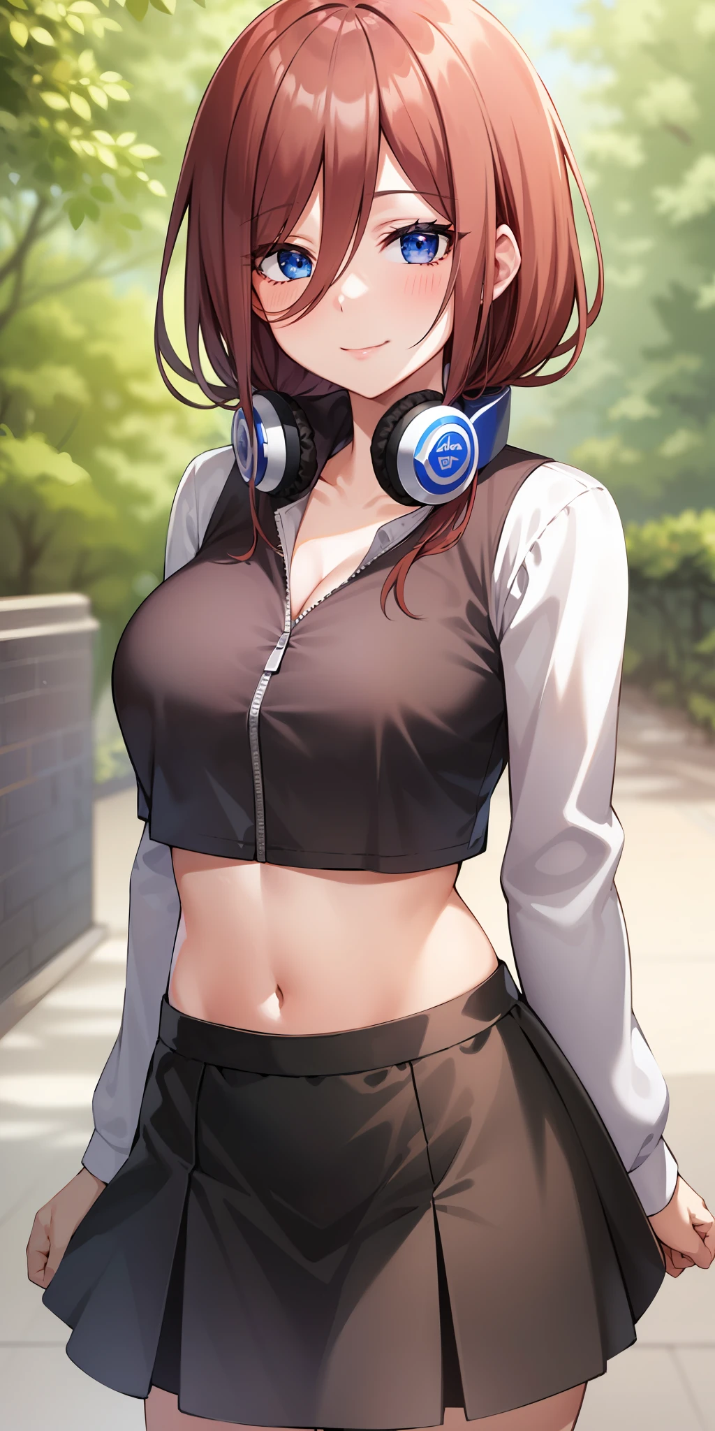 2d, masterpiece, best quality, anime, highly detailed, 1girl, solo, cowboy shot, nakano miku, brown hair, hair between eyes, , headphones, Crop top , cleavage ,  skirt, miniskirt, medium breasts, standing, , outdoors, smile